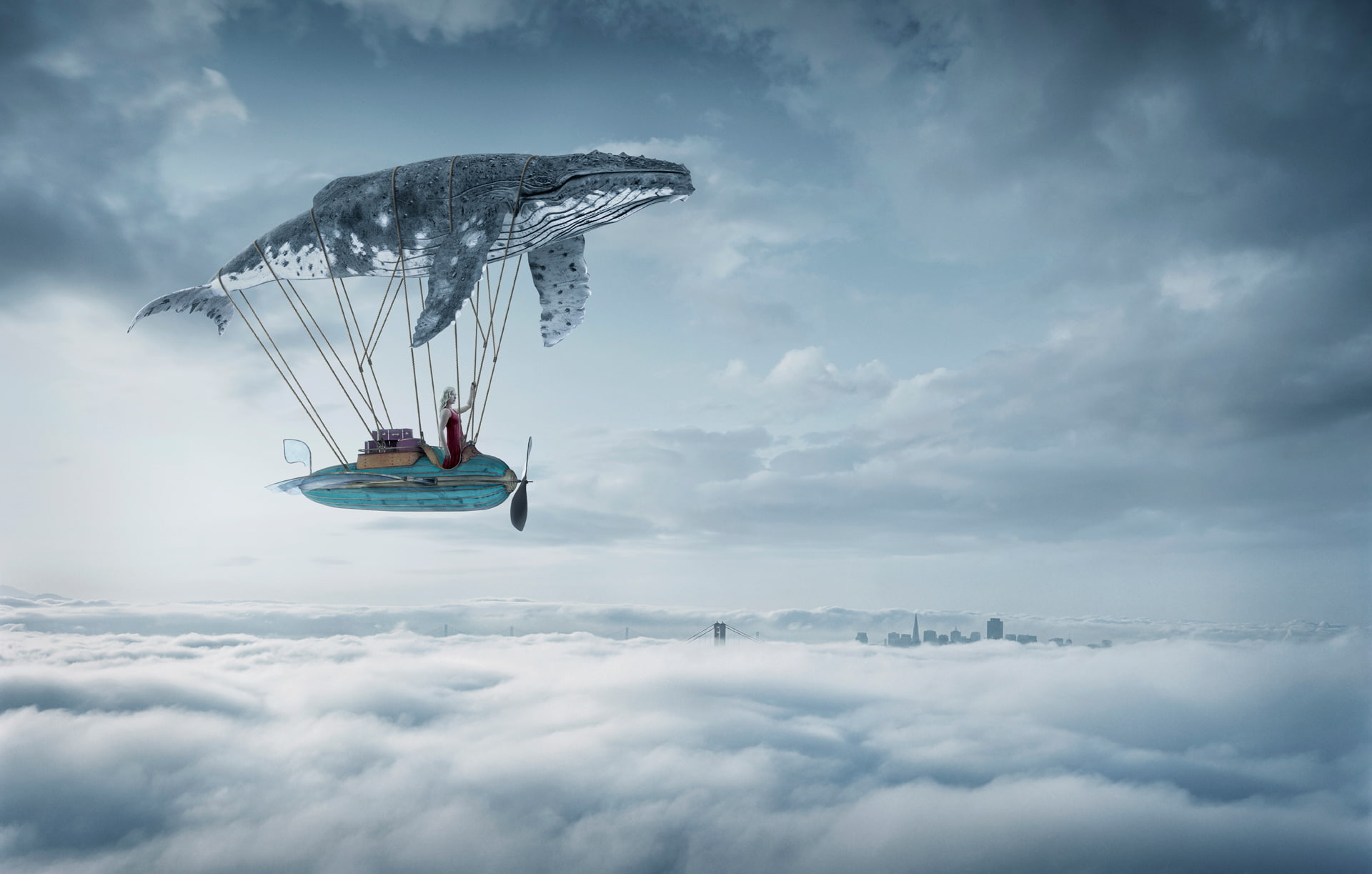 1080P, clouds, women, skyscraper, fantasy art, digital art, whale, submarine, Zeppelin, red dress, artwork, surreal, flying, HD Wallpaper