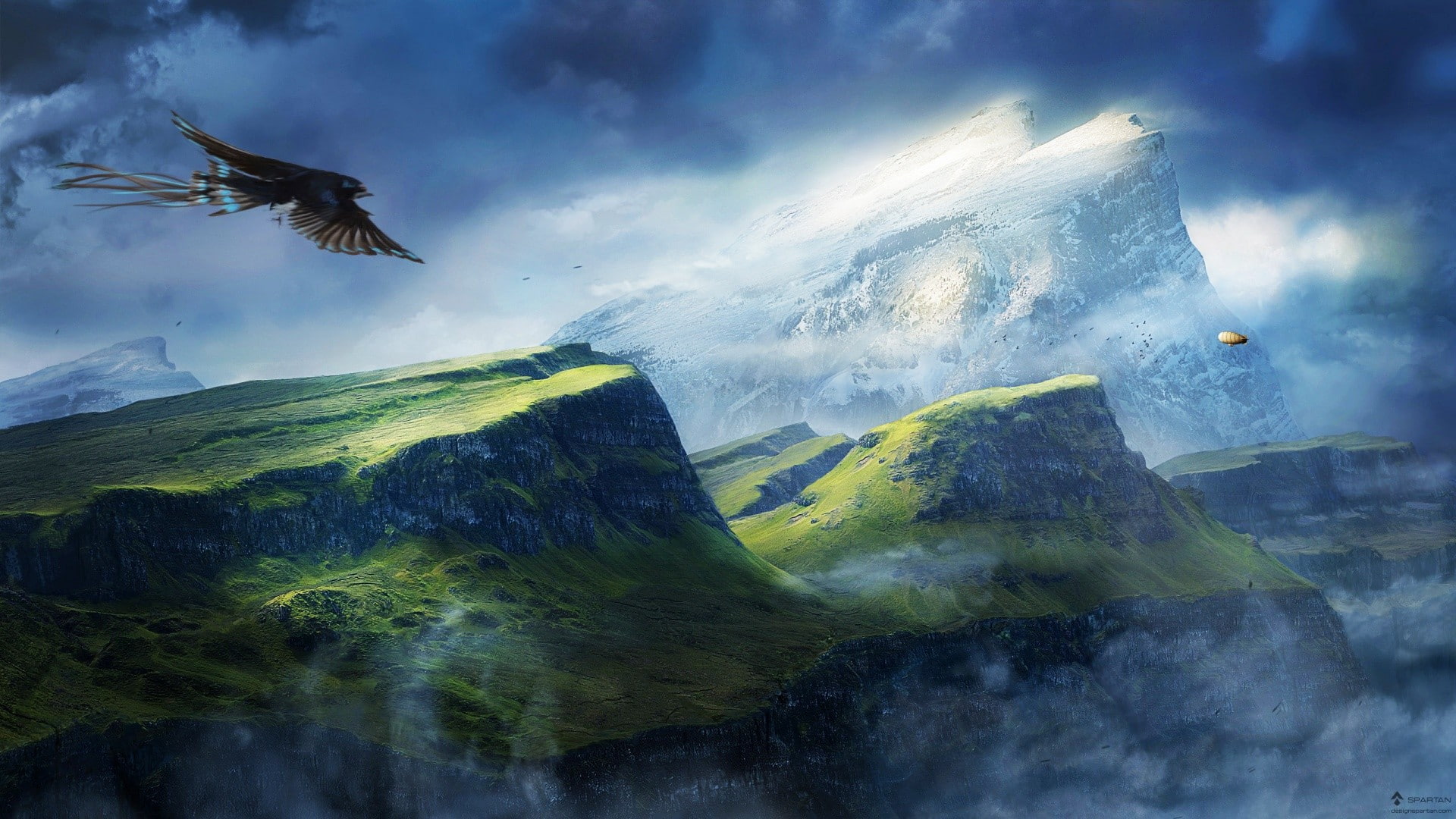 sky, mountains, eagle, bird of prey, clouds, Zeppelin, 1080P, HD Wallpaper
