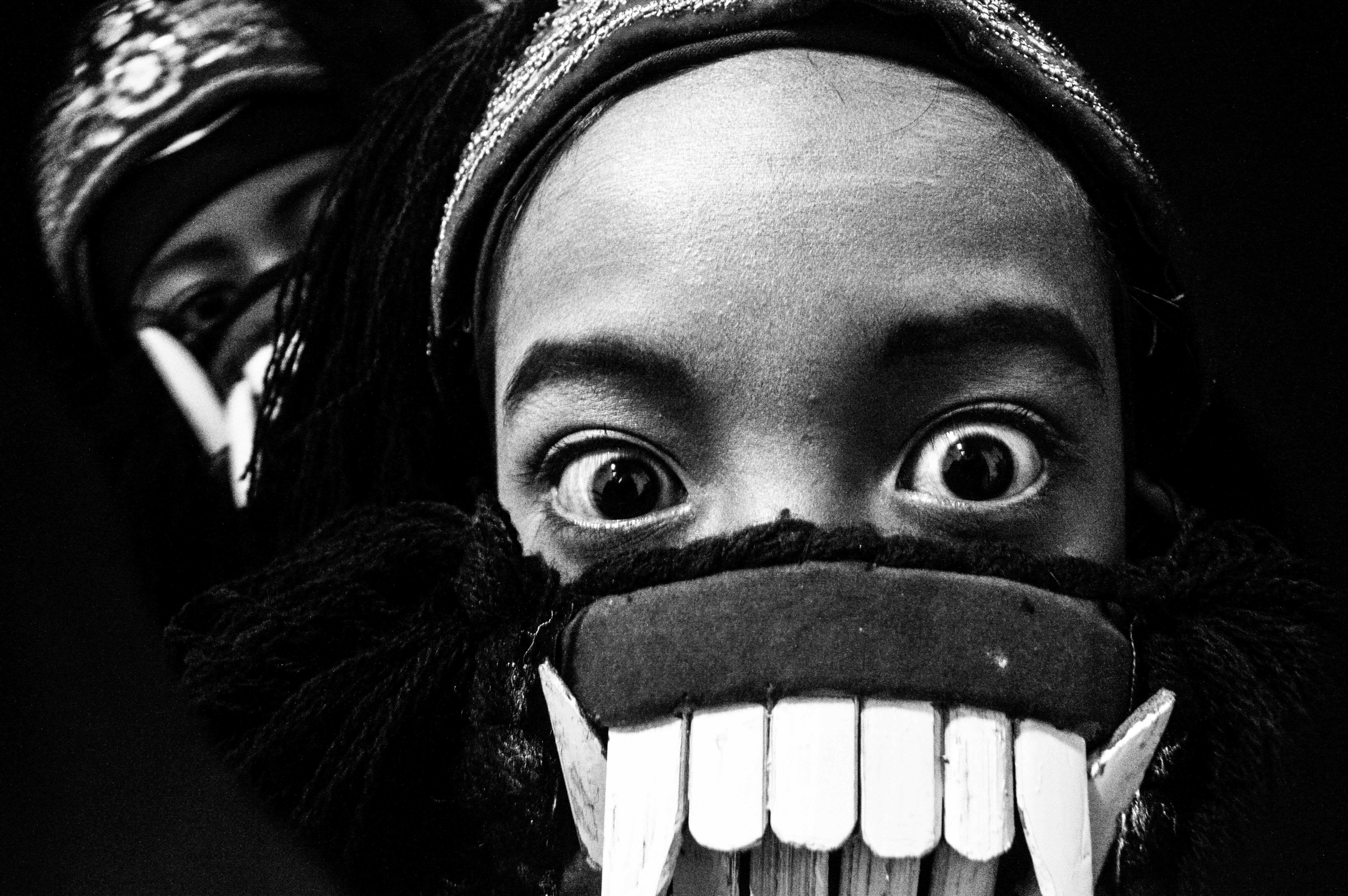 fashion, dark, facial expression, face, indoors, black, childhood, wear, smiling, headshot, human face, adult, white, black-and-white, close-up, eerie, HD Wallpaper