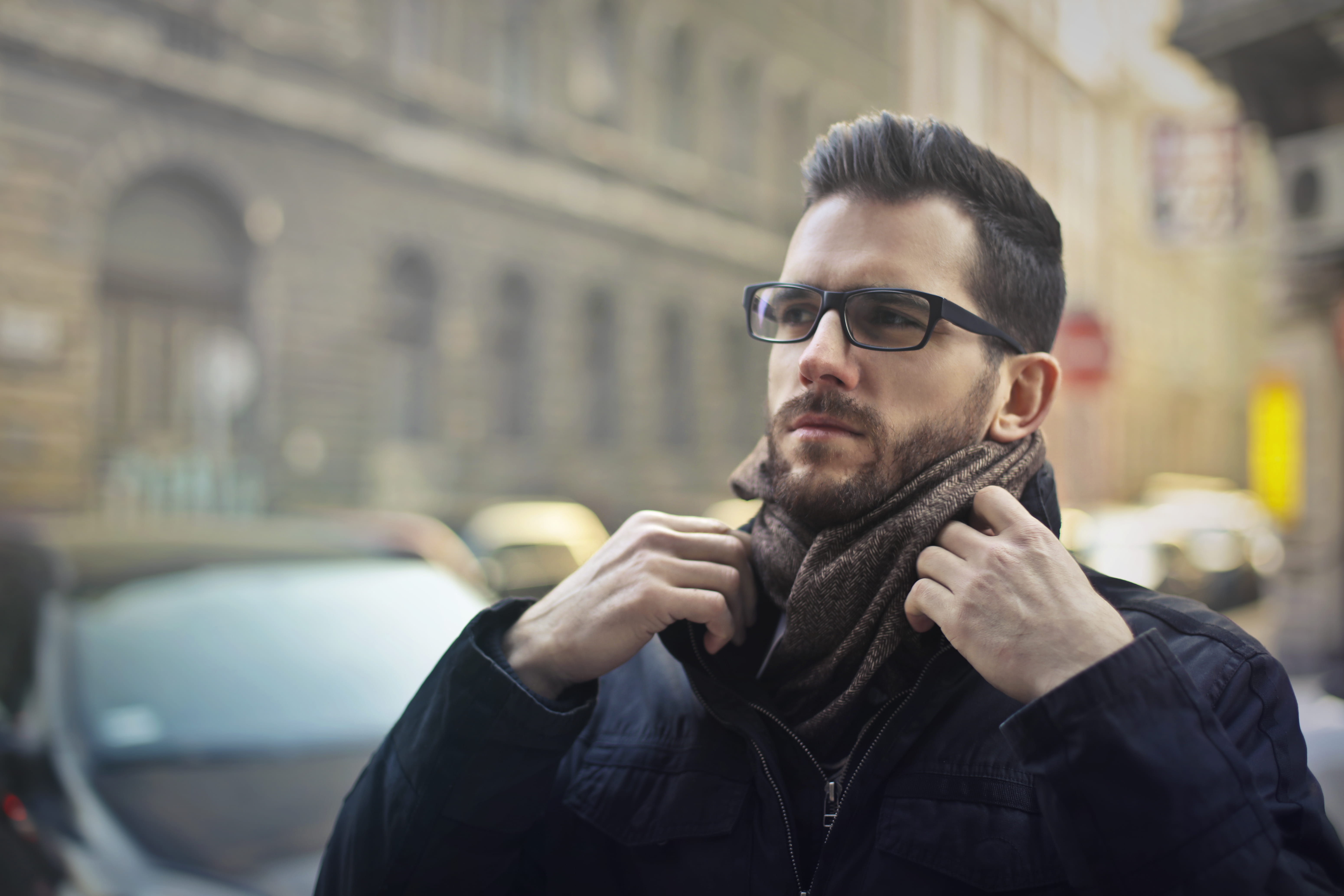 one person, casual, zip, front view, street, male, fashionable, eyewear, black, young men, urban, building exterior, lifestyles, architecture, jacket, serious, HD Wallpaper