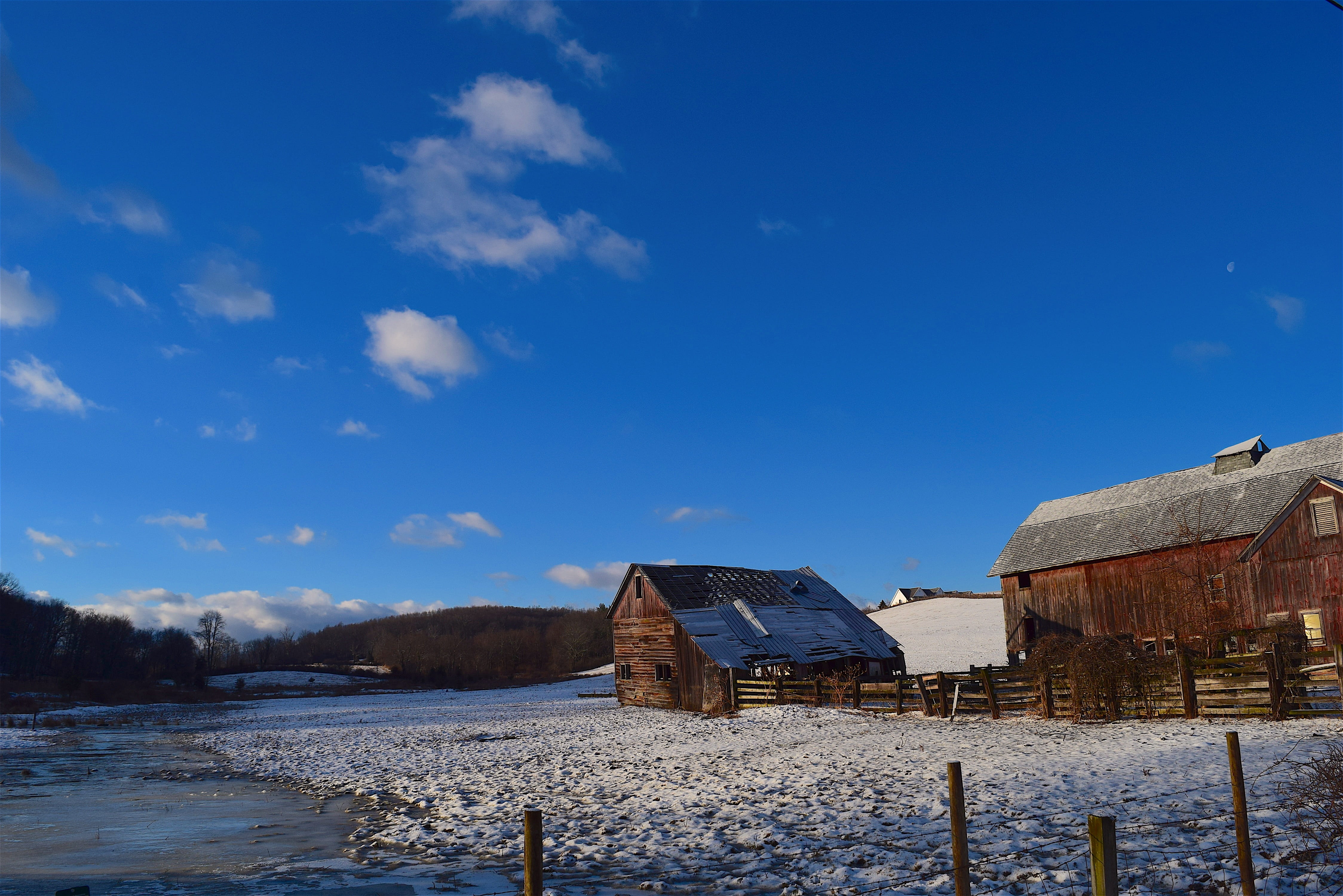ice, wooden, dilapidated, morning, farm, weather, light, shed, barn, natural, blue, house, clouds, building, built structure, snow, cloud - sky, rural, HD Wallpaper