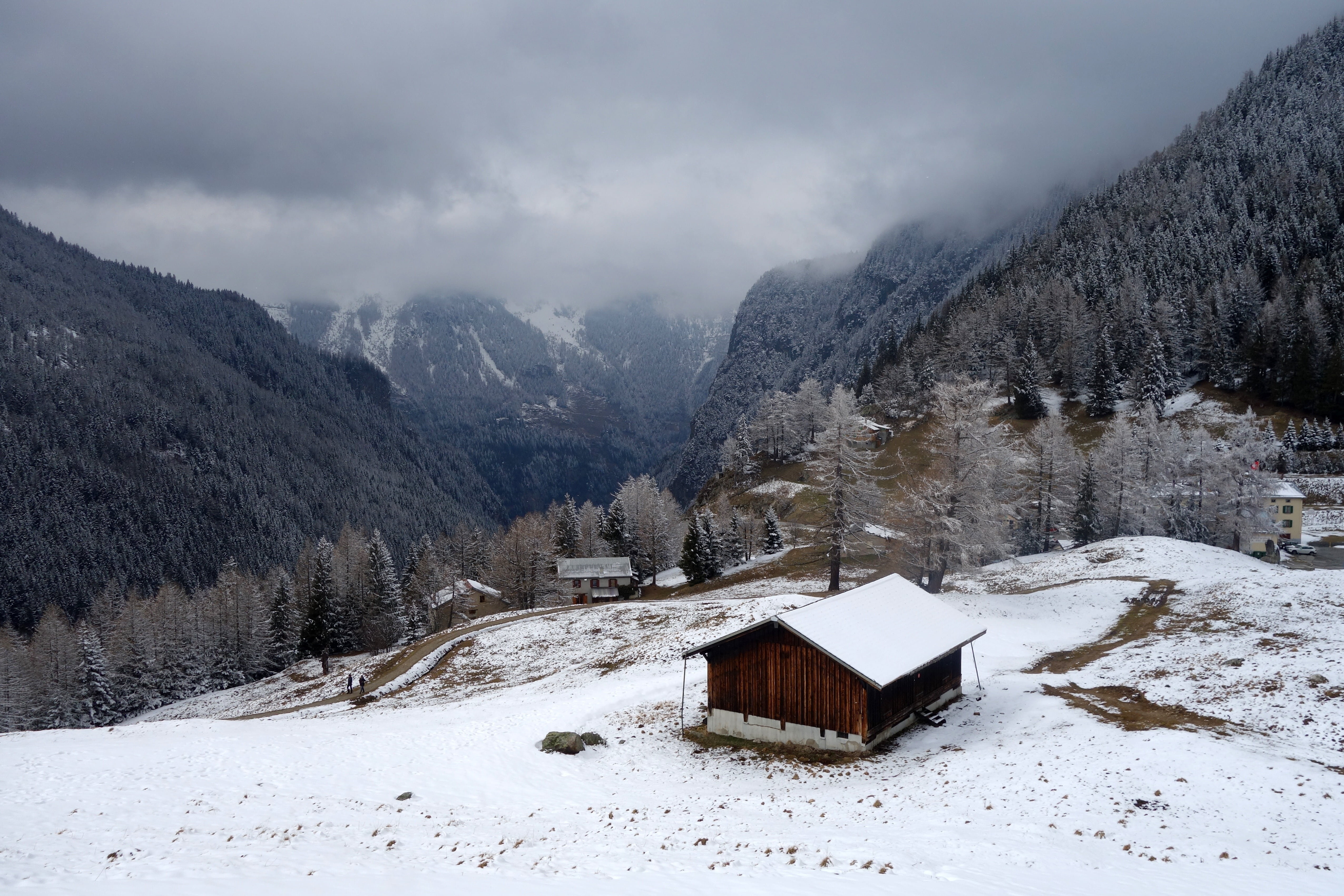 switzerland, snowing, tree, tranquility, light, no people, snowcapped mountain, cottage, calm, trees, alps, house, stones, meadow, non-urban scene, cold temperature, HD Wallpaper