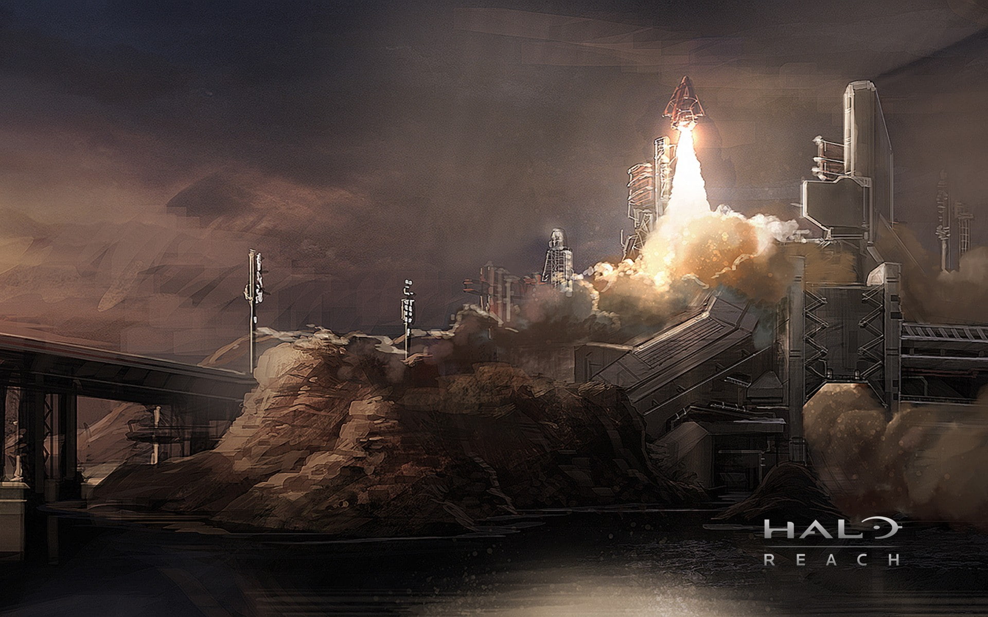 digital composite, nature, fantasy, halo reach video games, mode of transportation, industry, burning, water, transportation, no people, factory, city, HD Wallpaper