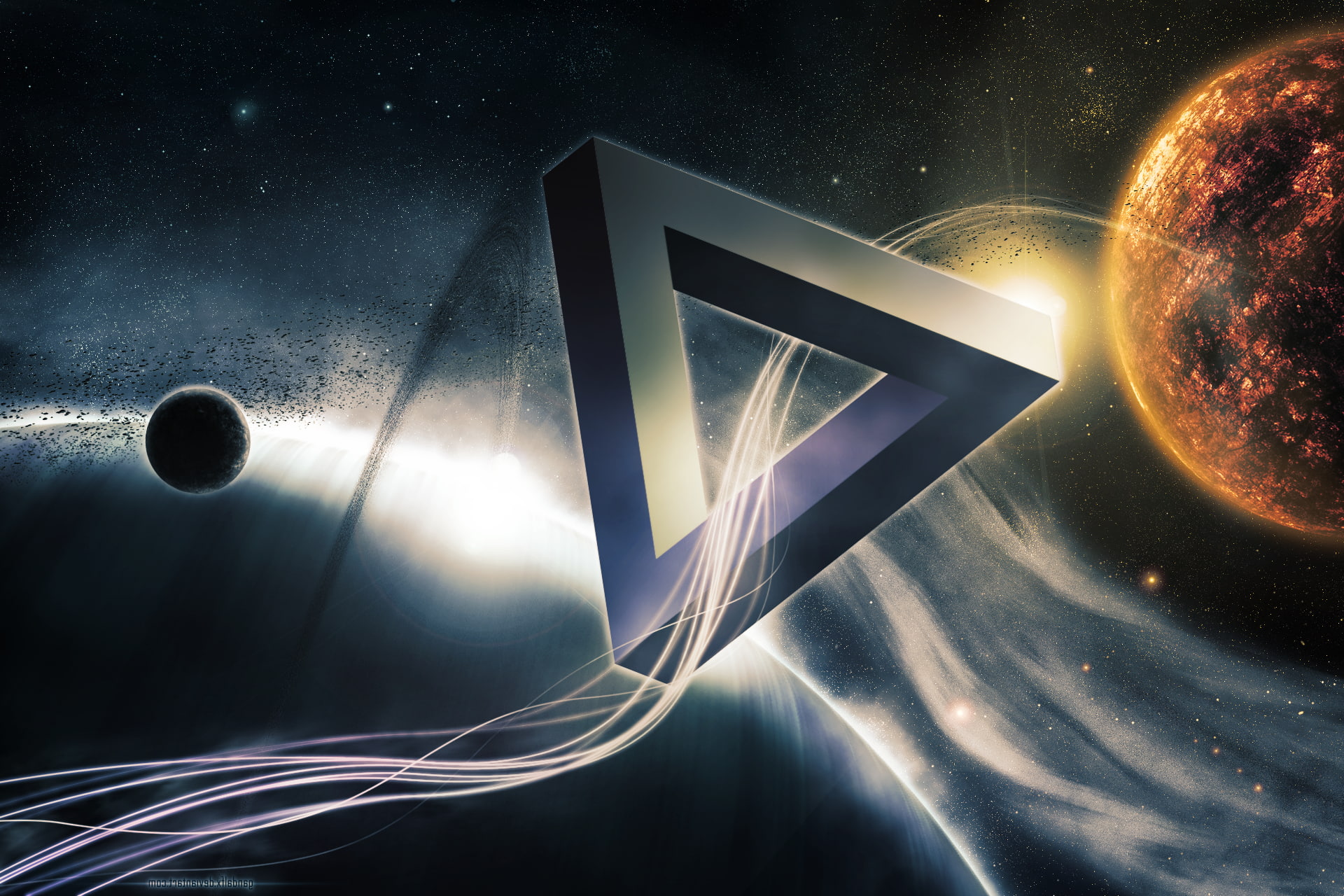 star - space, light - natural phenomenon, night, Penrose Triangle, long exposure, space, motion, Optical Illusion, 1080P, planet - space, planet, galaxy, HD Wallpaper