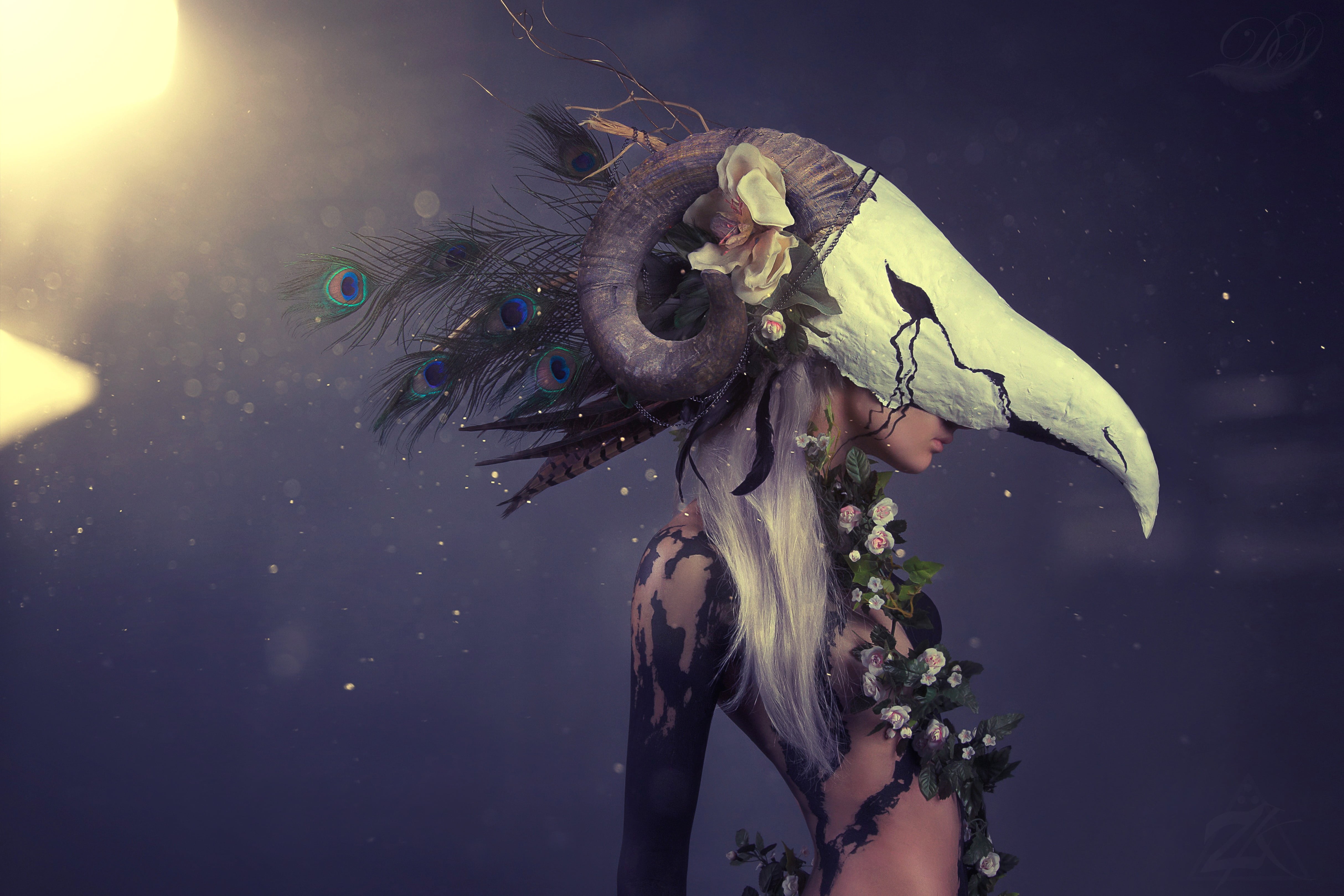 marine, hair, animals in the wild, skull, peacocks, mask, women, vertebrate, fantasy girl, ram, animal wildlife, digital composite, flowers, white, real people, HD Wallpaper