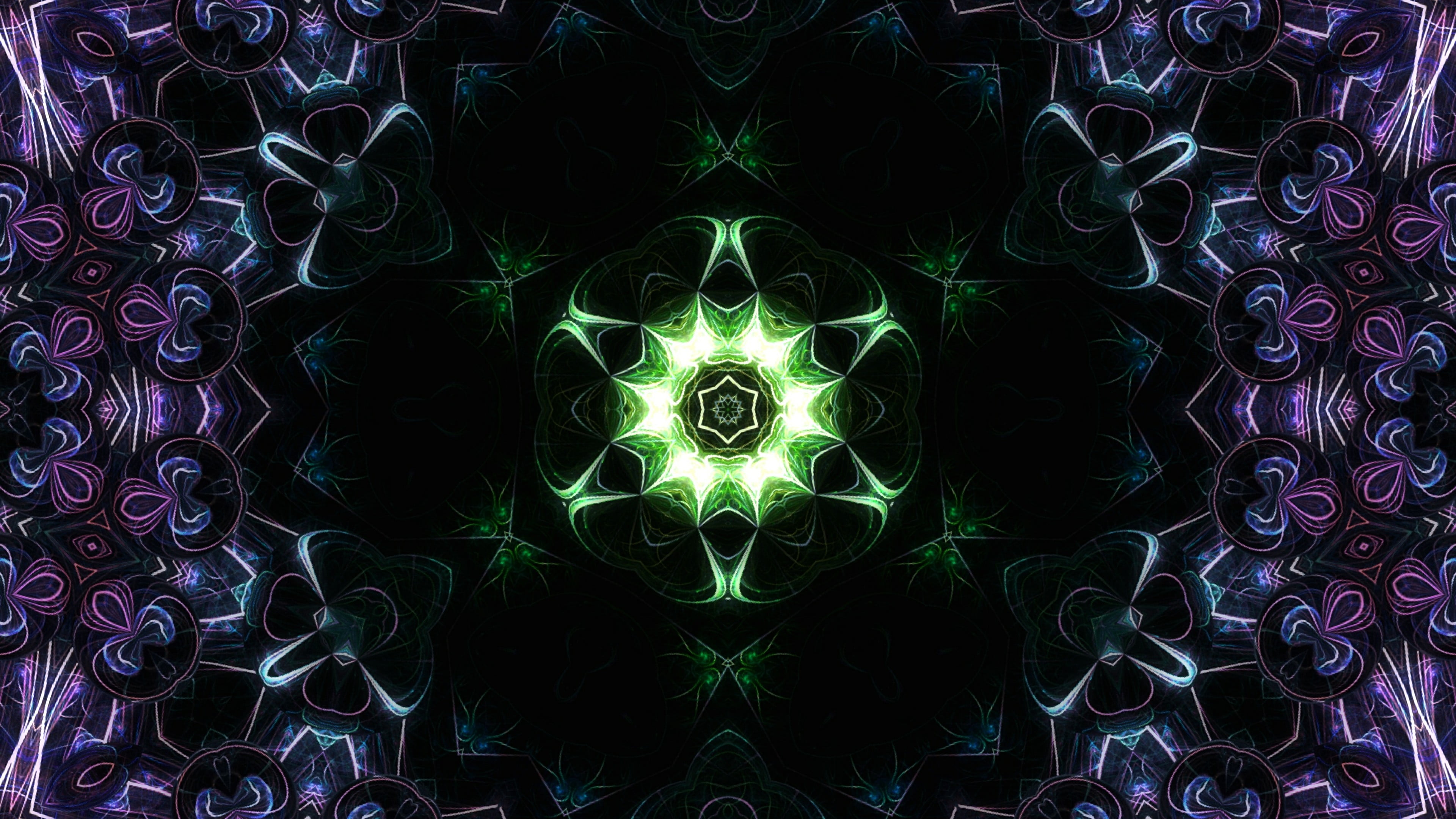 abstract backgrounds, multi colored, glowing, light, fractal art, floral pattern, symmetry, pattern, outdoors, backgrounds, 4K, digital composite, artwork, HD Wallpaper