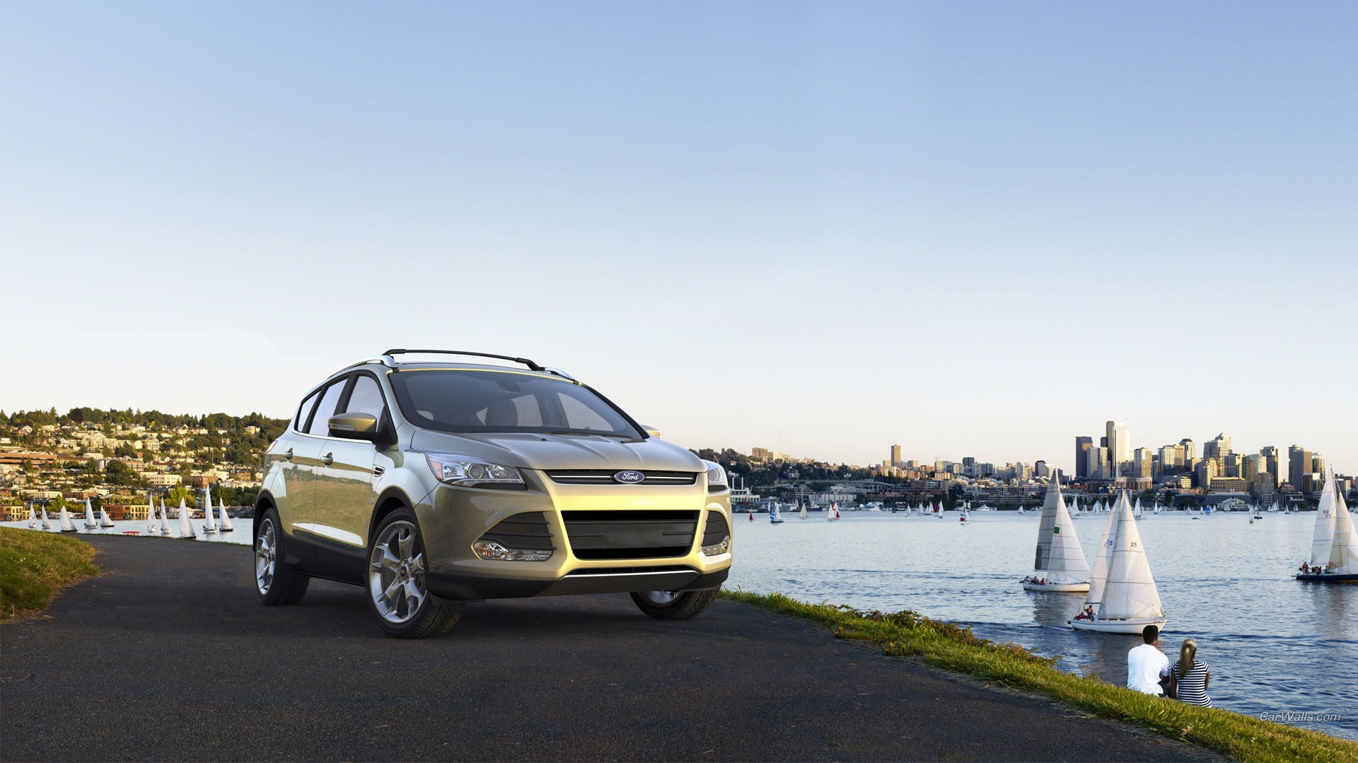 transportation, sky, Ford Explorer, copy space, sunlight, motor vehicle, city, nature, car, built structure, road, blue, 1080P, mode of transportation, HD Wallpaper