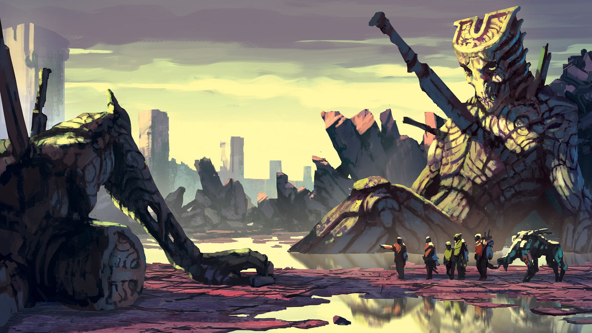 weapon, exploration, architecture, large group of people, titan, fantasy art, illustration, water, built structure, tourism, cloud - sky, government, nature, HD Wallpaper