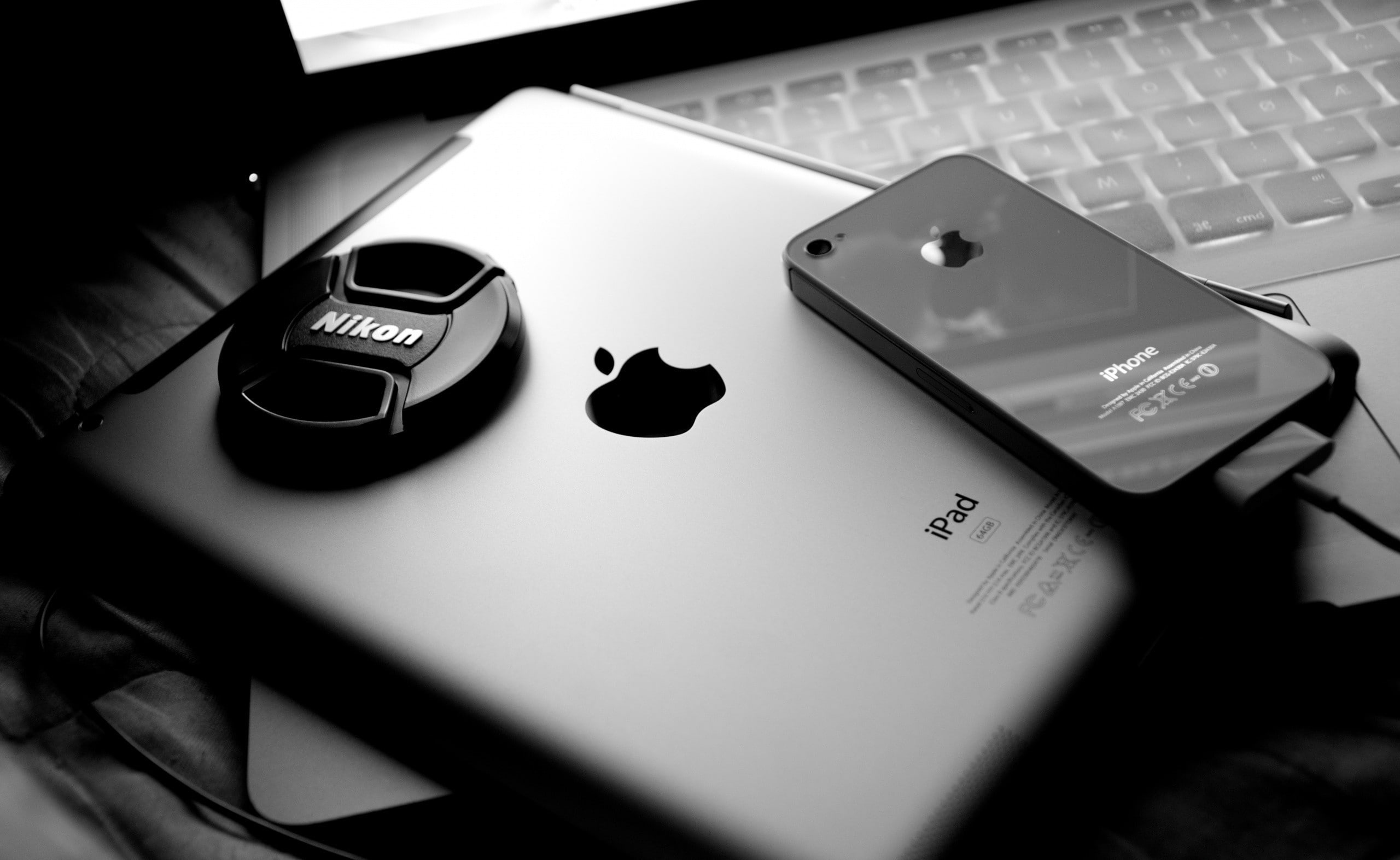 Apple Inc., MacBook, technology, 2K, monochrome, Nikon, iPad, iPhone, HD Wallpaper