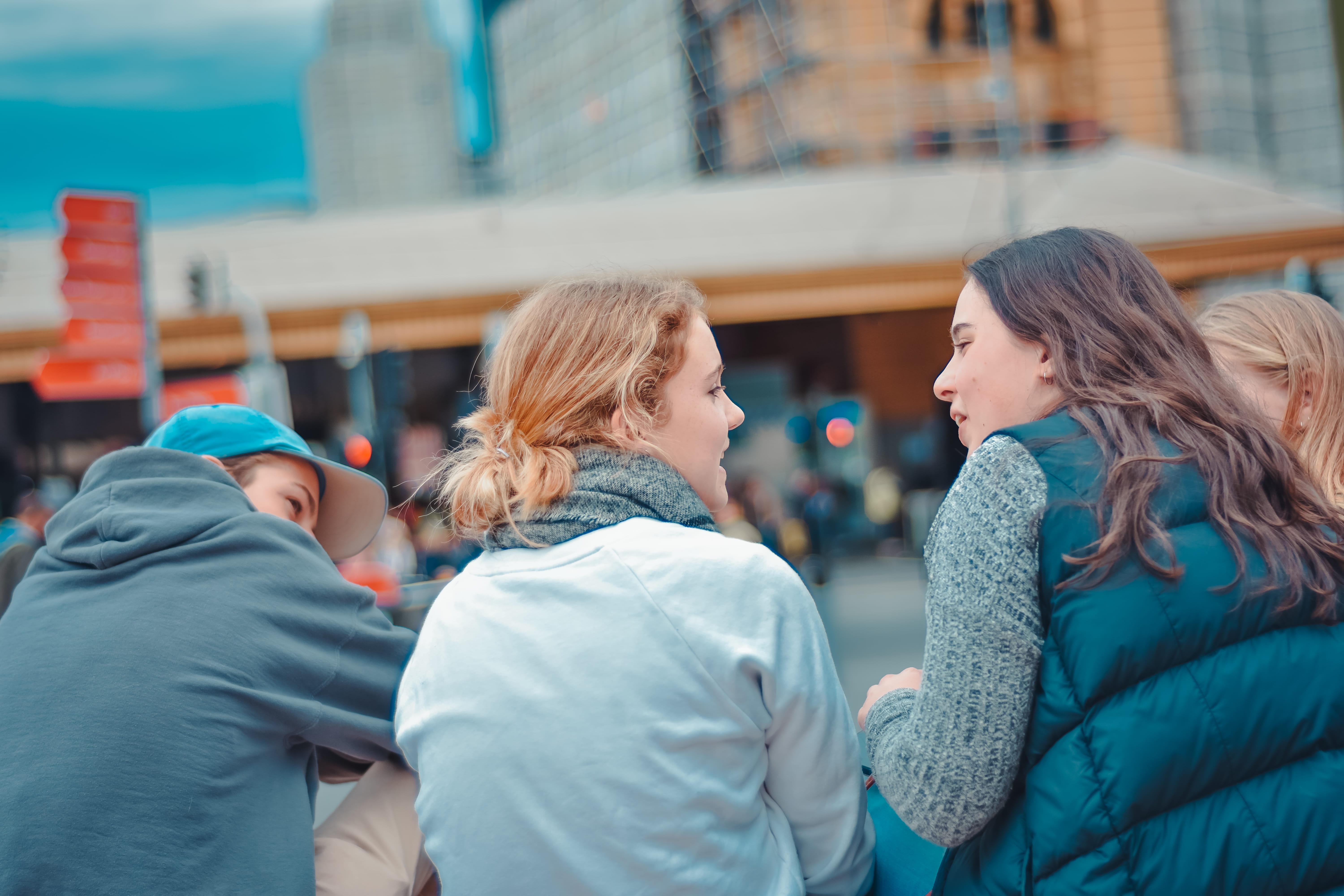 group of people, teens, communication, adult, focus on foreground, real people, warm clothing, women, melbourne, talking, architecture, young adult, teenagers, HD Wallpaper