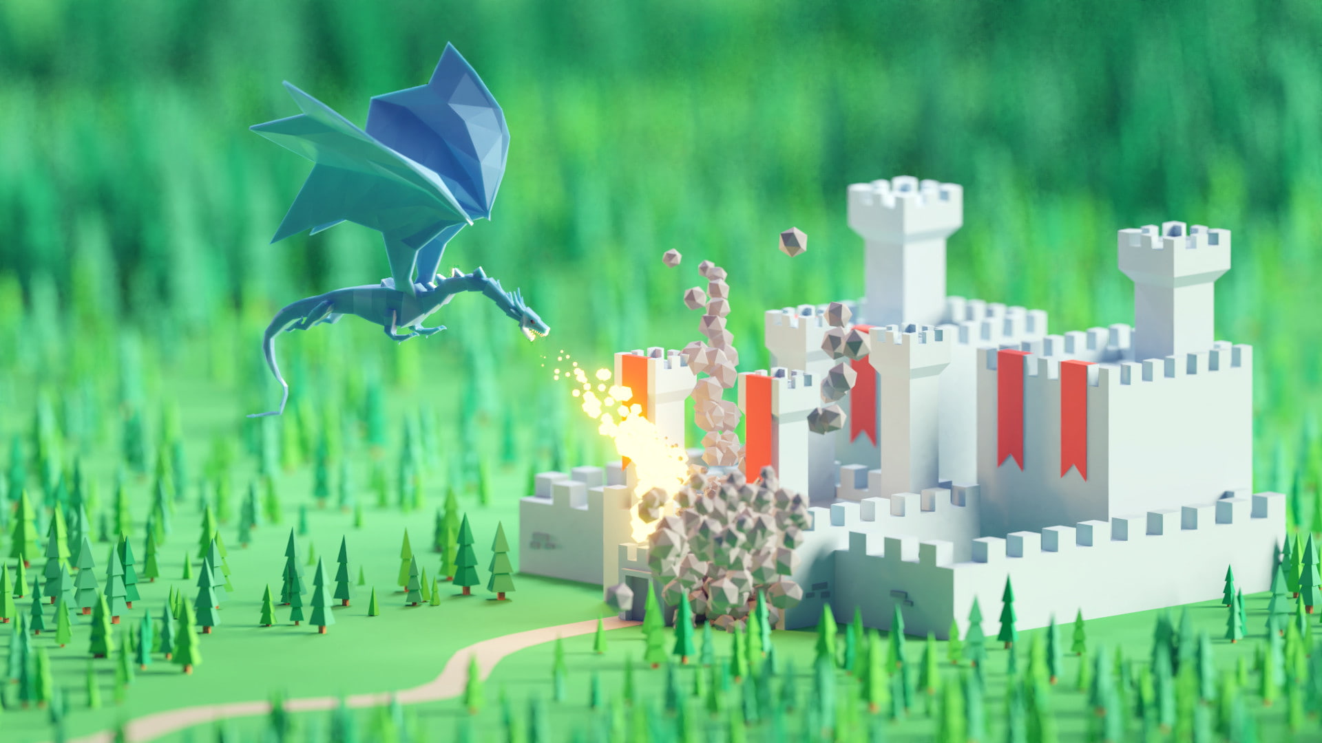 geometry, trees, Mohamed Chahin, macro, Kingdom, dragon, 1080P, render, nature, destruction, castle, HD Wallpaper