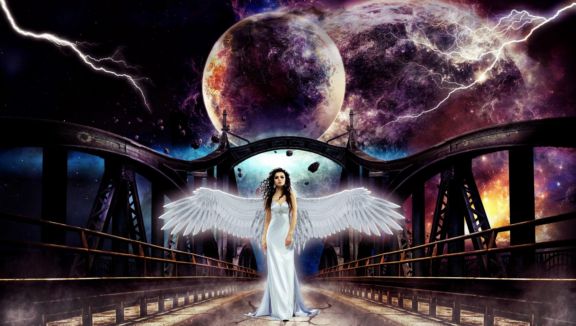 built structure, art, astronomy, outdoors, moon, one person, nature, women, star - space, ghost, blurred motion, real people, architecture, armageddon, HD Wallpaper