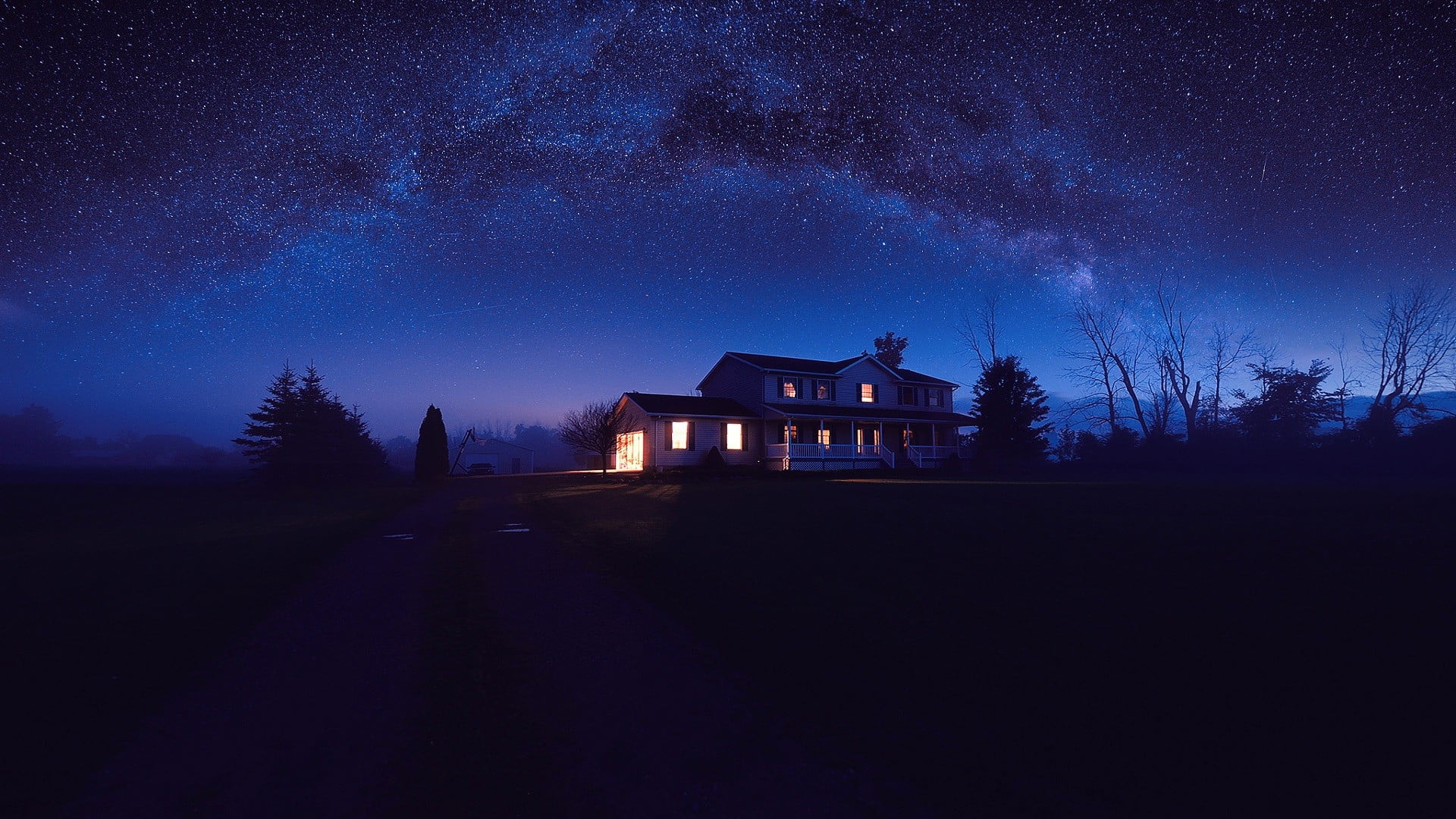built structure, star, galaxy, blue, sky, night, tranquil scene, scenics - nature, 1080P, lights, star - space, milky way, house, astronomy, star field, HD Wallpaper