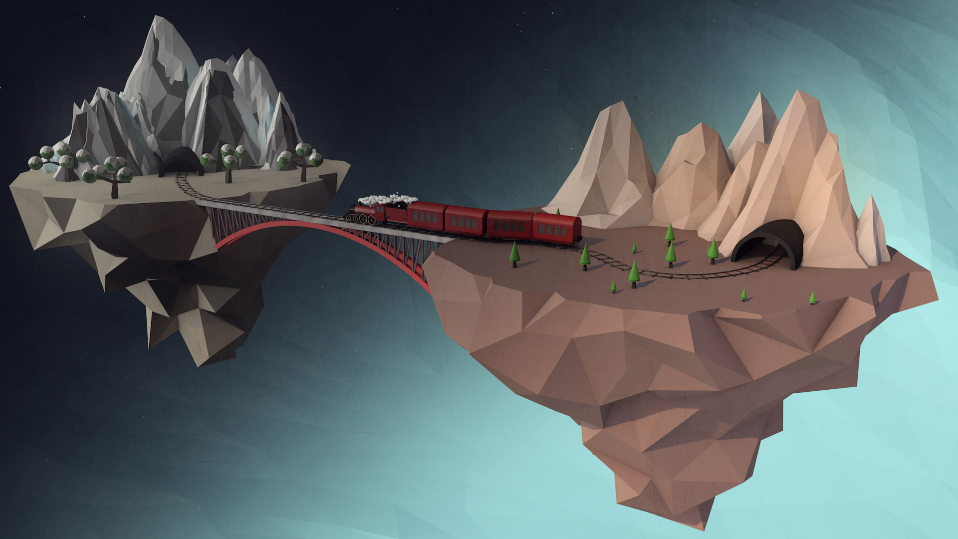 train, 3D, 1080P, Cinema 4D, mountains, low poly, island, digital art, floating, HD Wallpaper
