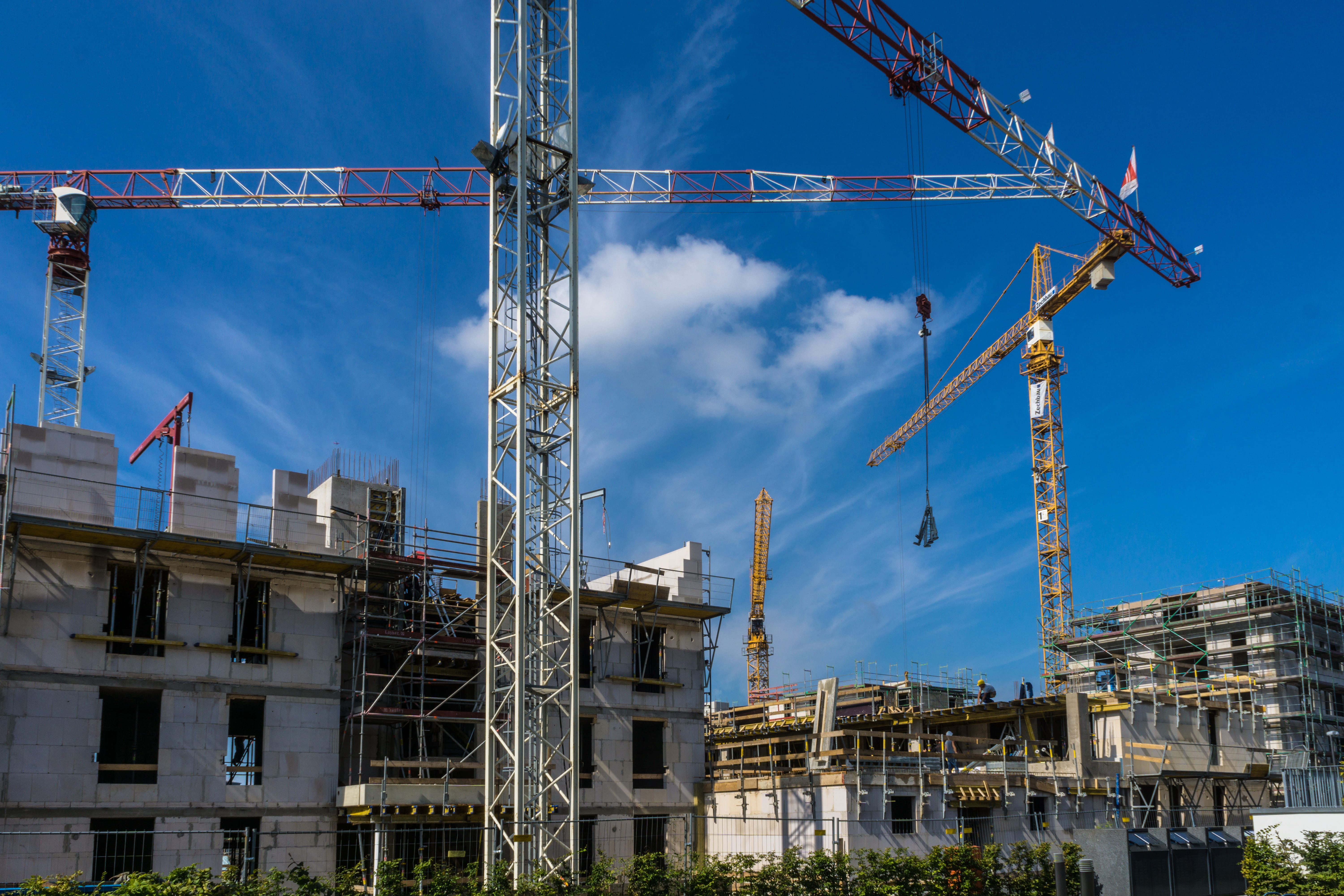 low angle view, building exterior, industrial equipment, 5K, outdoors, house construction, blue, building, construction, built structure, construction machinery, HD Wallpaper