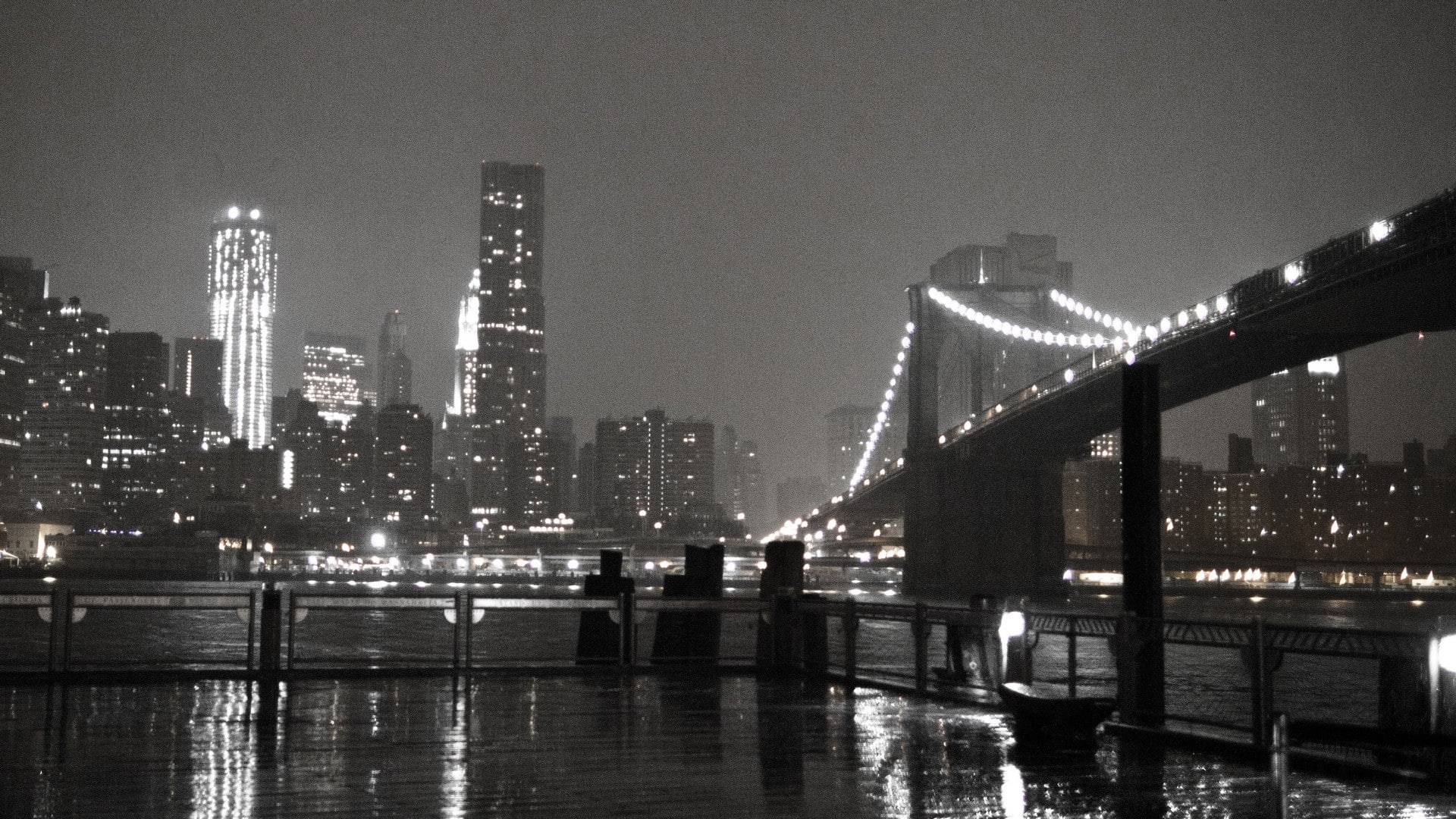 architecture, nature, bridge - man made structure, light, monochrome, modern, New York City, river, urban, reflection, lights, Brooklyn Bridge, office building exterior, HD Wallpaper