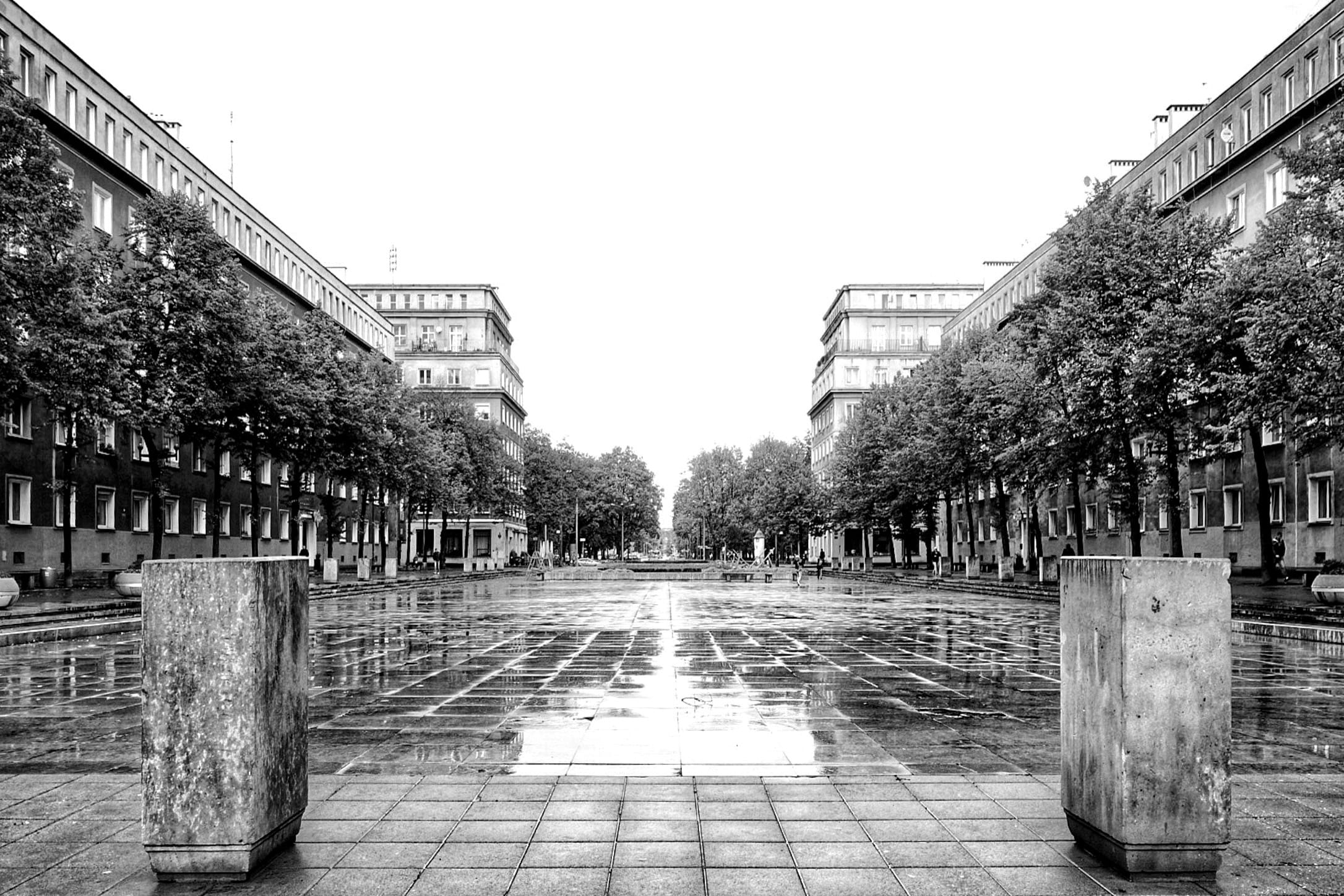 day, building, tree, the past, nowa huta, kraków, black and white, sky, no people, diminishing perspective, outdoors, building exterior, city, architecture, HD Wallpaper