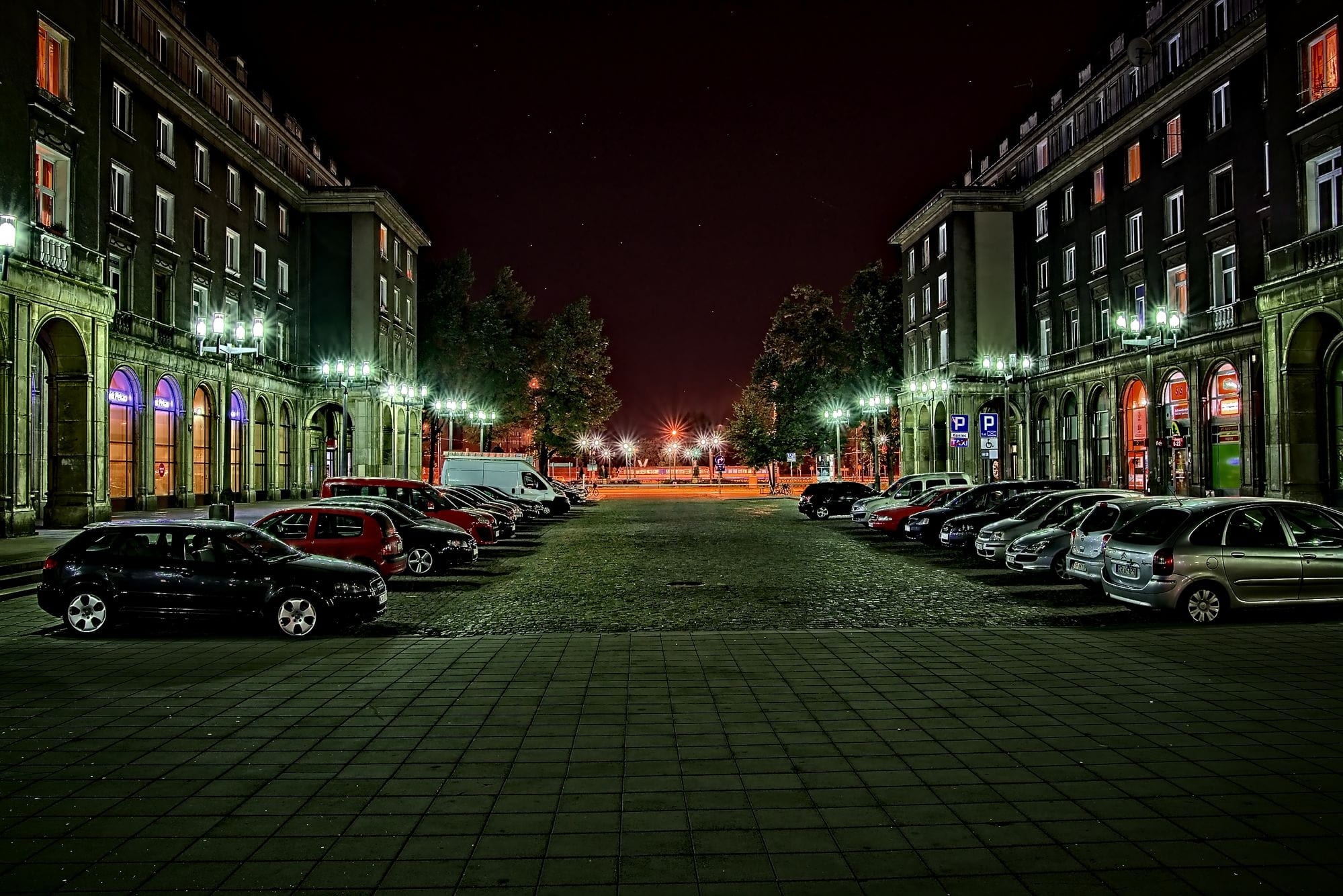 building exterior, motor vehicle, car, illuminated, city, city life, lit, road, paving stone, built structure, night, building, city street, nowa huta, HD Wallpaper
