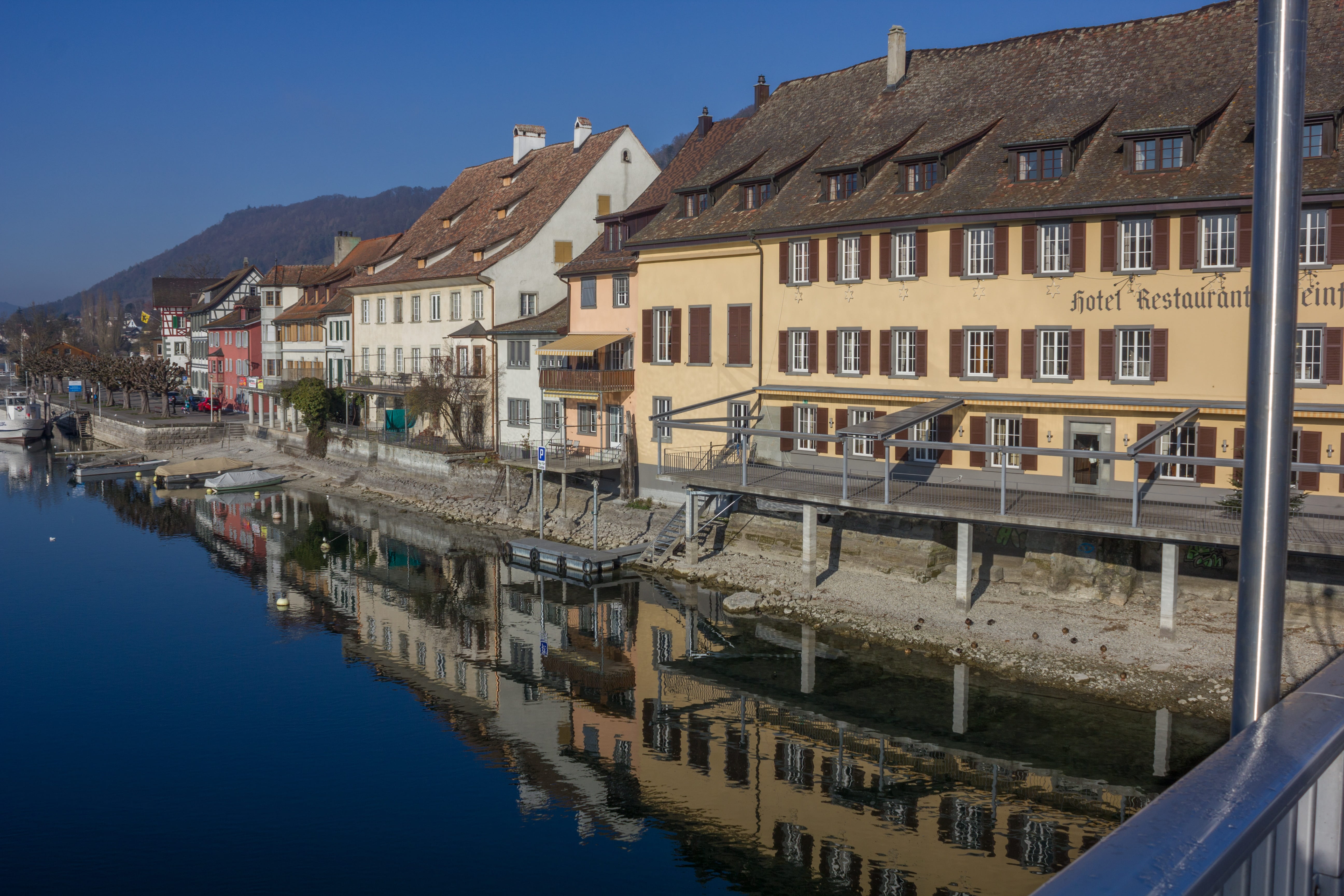 river landscape, nautical vessel, reflection, bank, waterfront, boats, river, stein am rhein, 5K, house, outdoors, building, row house, canal, sky, city, HD Wallpaper