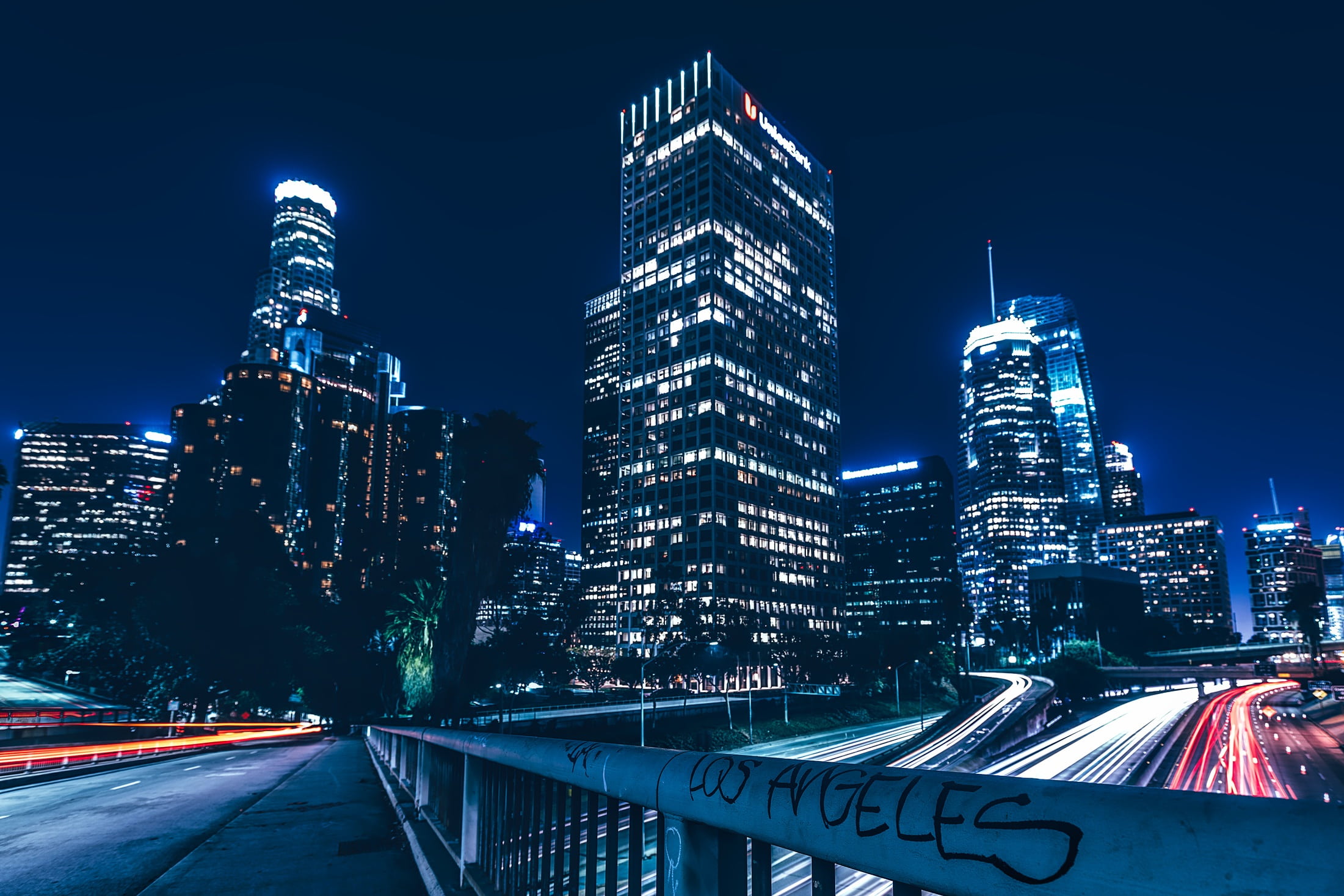 tall - high, light, night, skyscrapers, bridge - man made structure, hdr, downtown district, los angeles, highway, road, office building exterior, motion, HD Wallpaper