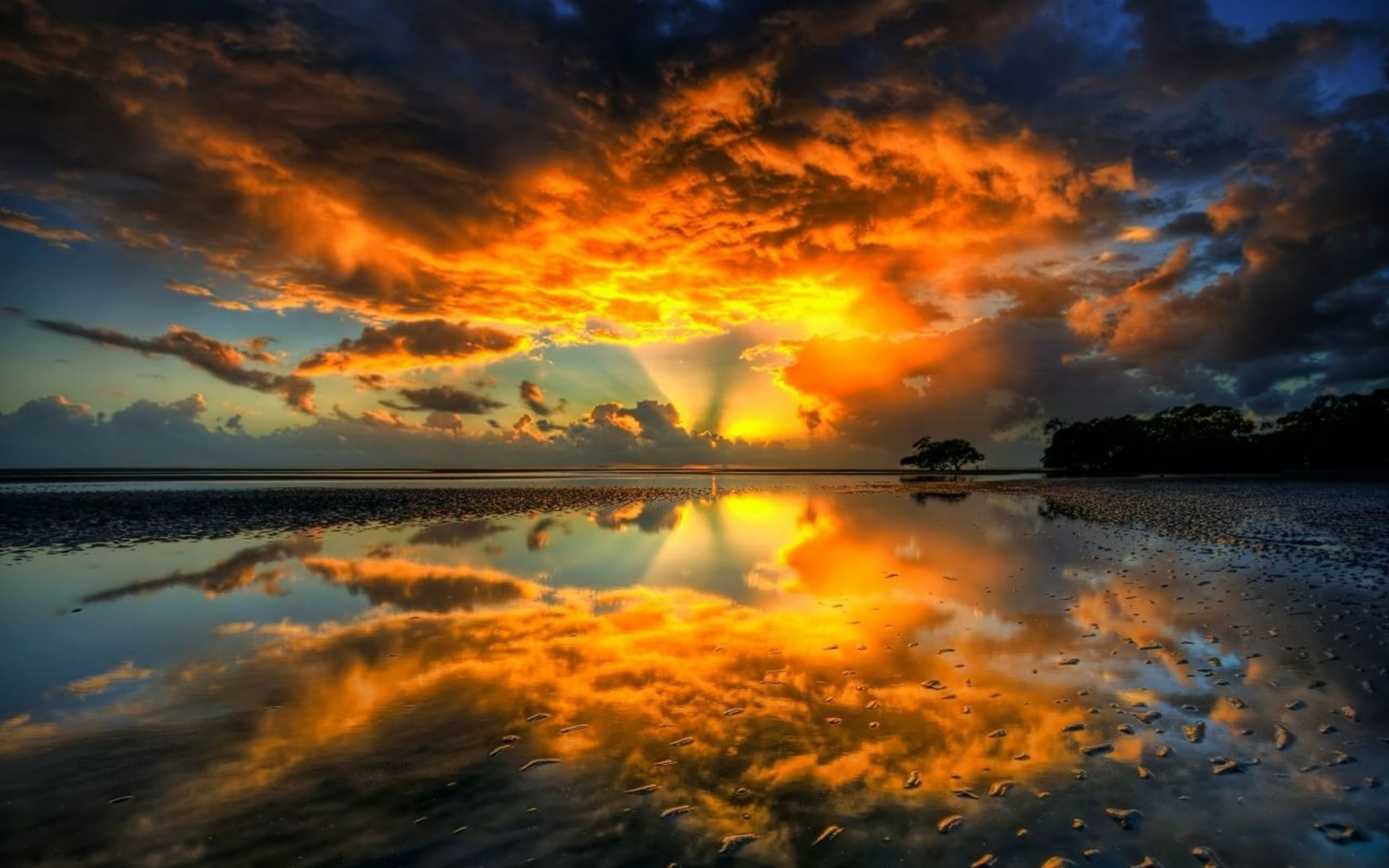 reflections, shore, skyscapes, shockwave, beach, 2K, nature, sunset, HD Wallpaper