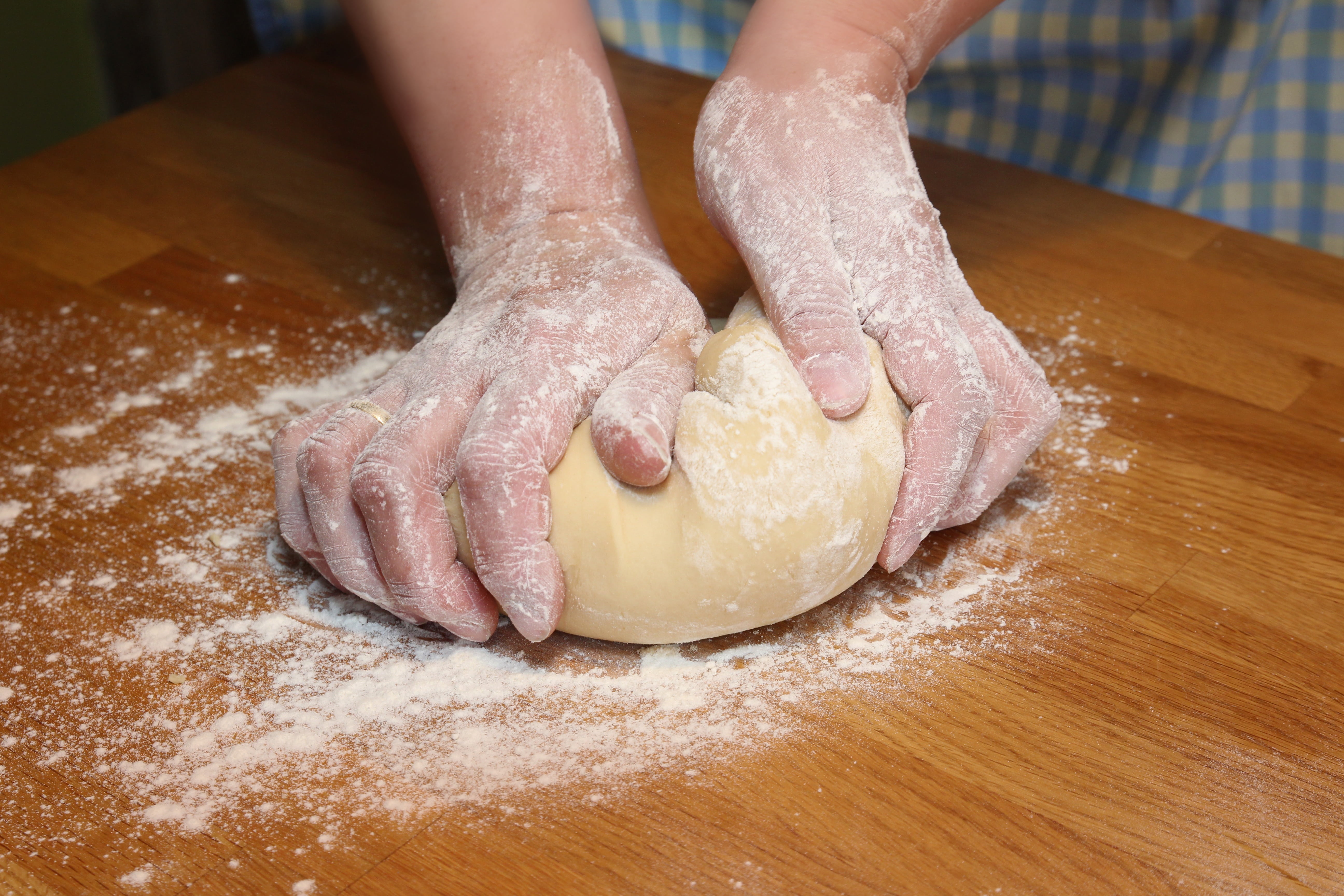 food, indoors, bake, pastry, preparation, human body part, flour, craft, hand, brown, wood - material, raw food, knead, table, food and drink, preparing food, HD Wallpaper