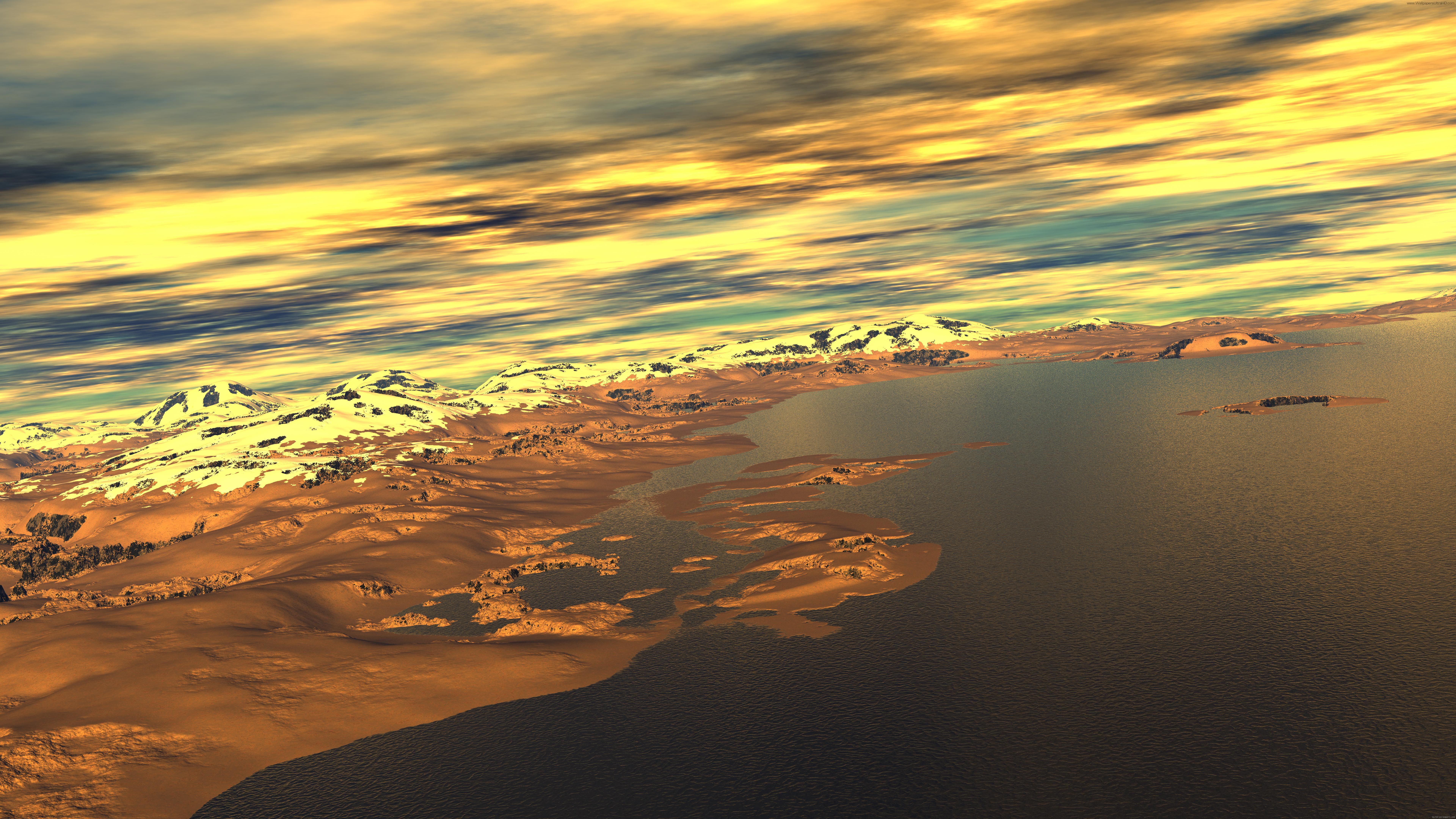 sea, sunset, 8K, aerial, landscape, 3d, graphic, photo, HD Wallpaper