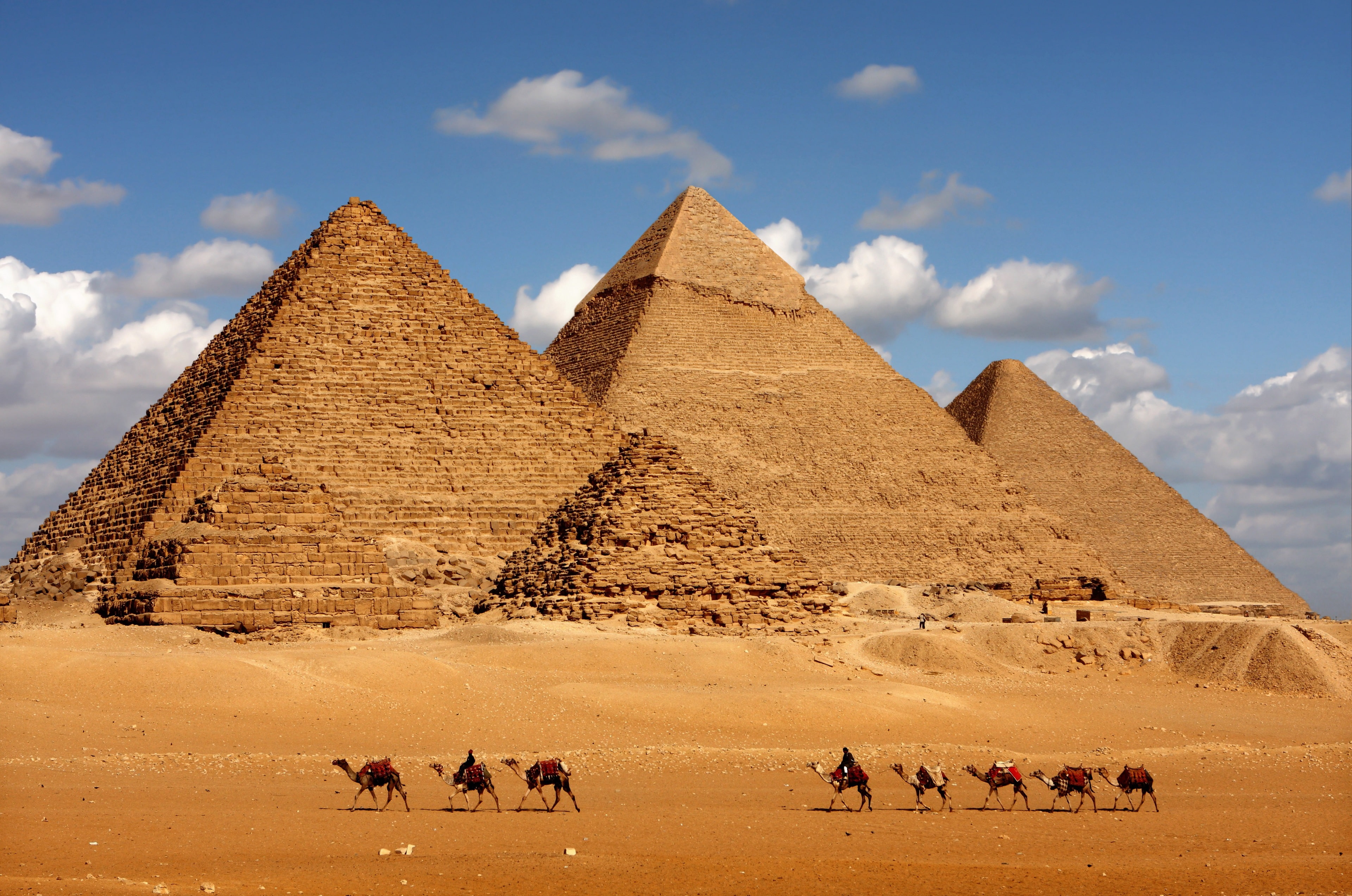 archaeology, sky, desert, pyramid, mammal, domestic animals, the past, land, history, riding, travel destinations, group of people, architecture, 4K, egypt 4k best  for computer desktop, HD Wallpaper