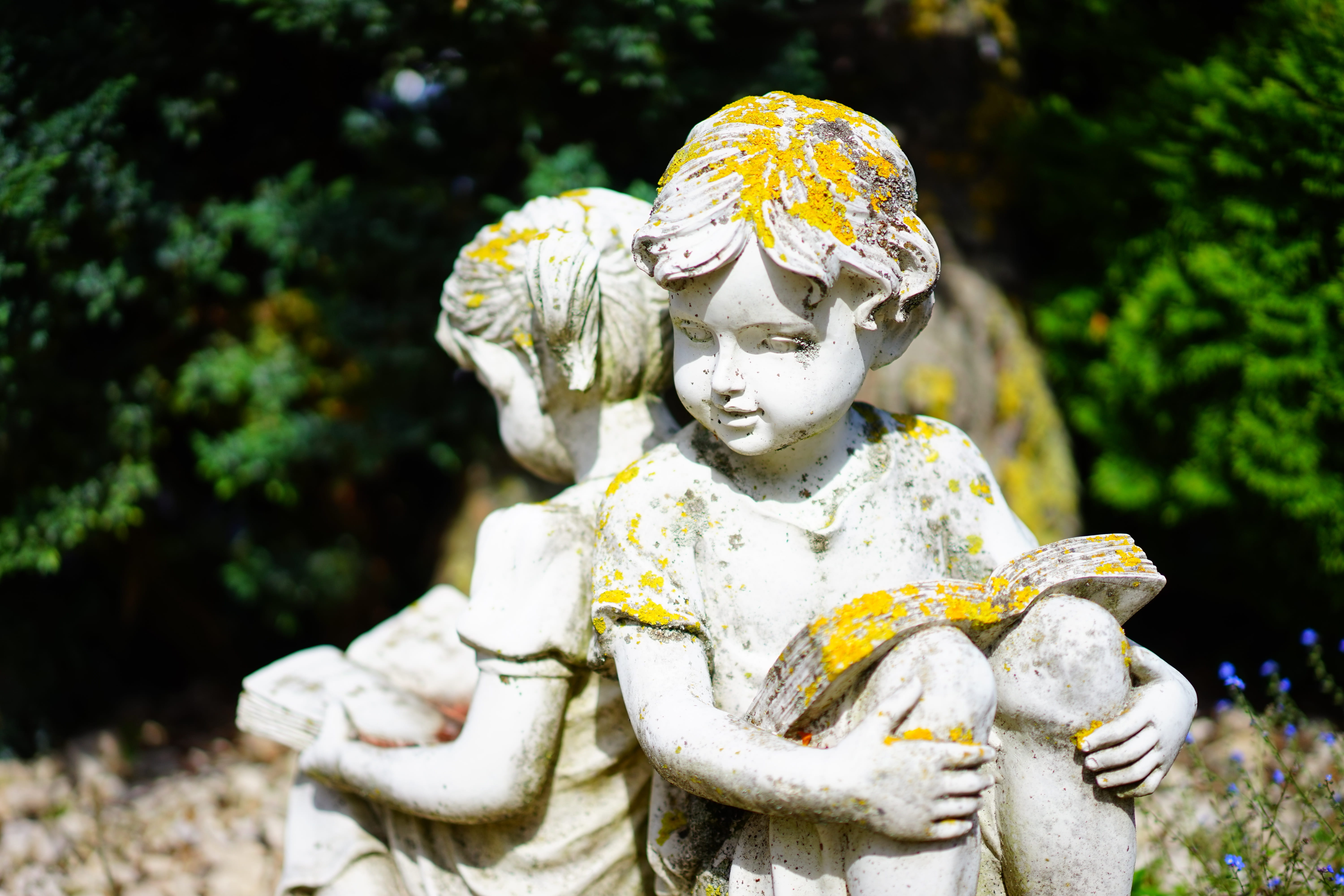 female likeness, child, focus on foreground, read, stone figure, solid, brothers and sisters, artistically, book, gypsum, innocence, white, art and craft, HD Wallpaper