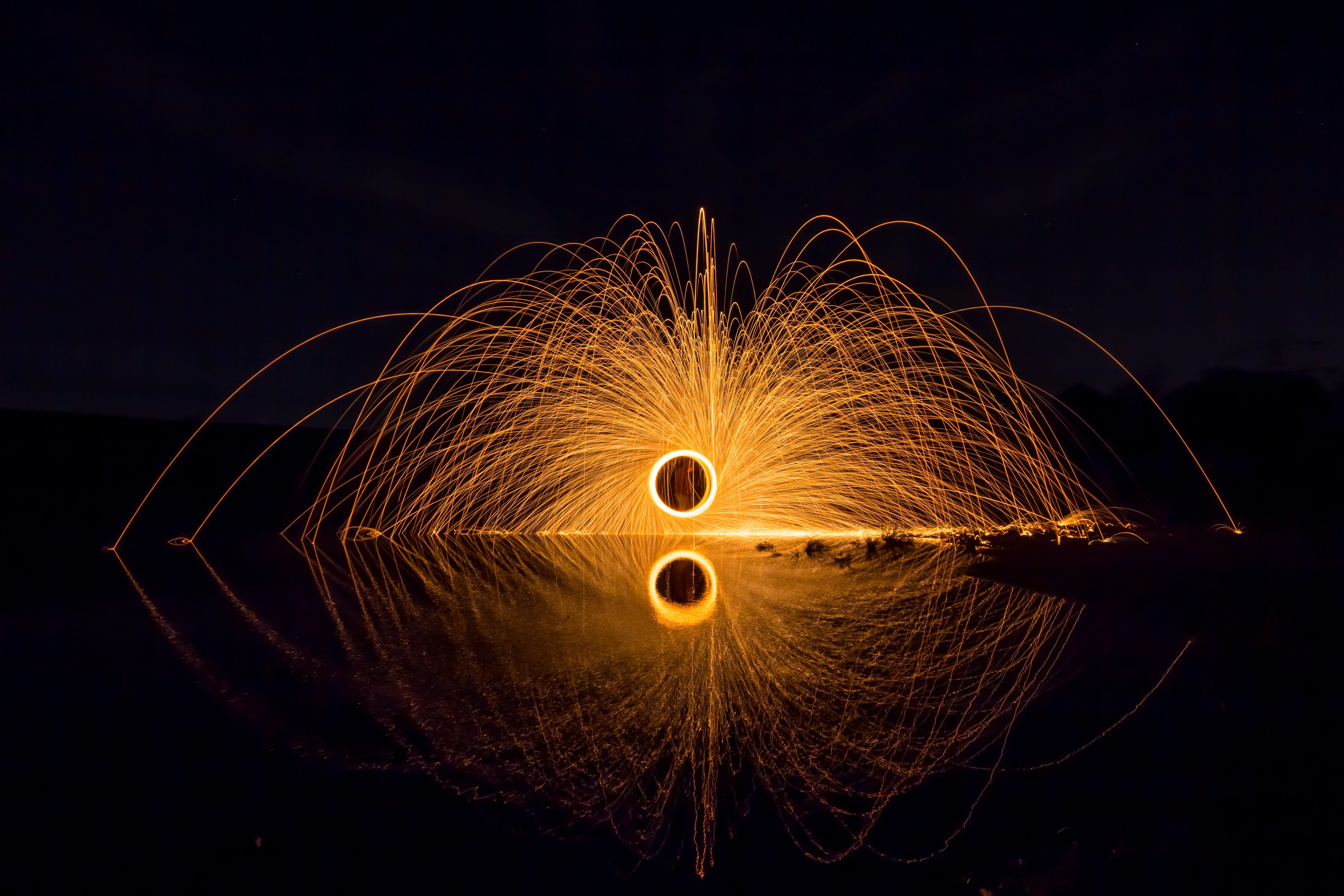 communication, mirroring, circle, warning sign, sky, light performance, glowing, night, flying sparks, blurred motion, steel wool, shape, light art, fireworks, HD Wallpaper
