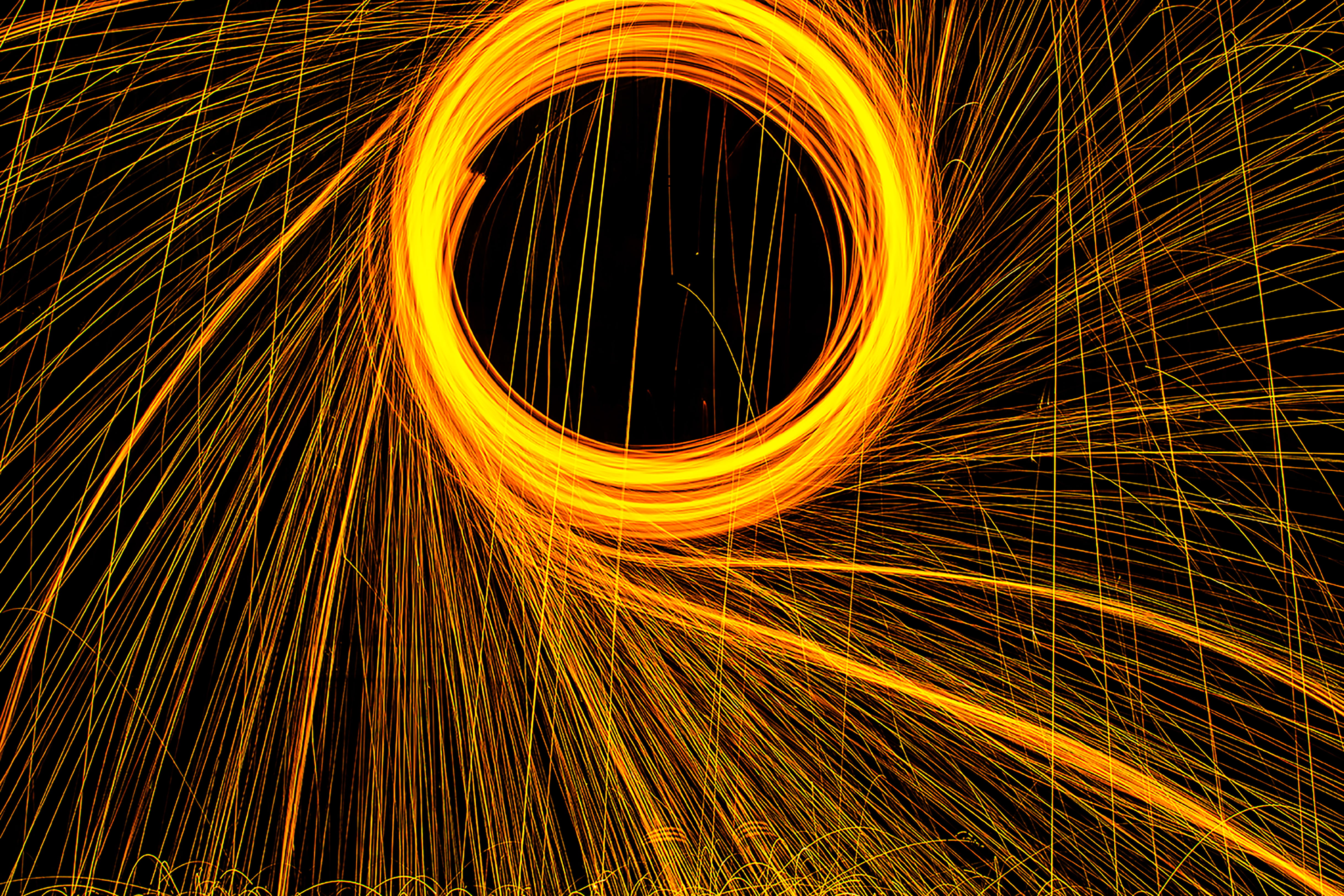 motion, long exposure, shape, flame, blurred motion, ring, wool, no people, night, abstract, spinning, wire wool, speed, light painting, 4K, orange color, HD Wallpaper