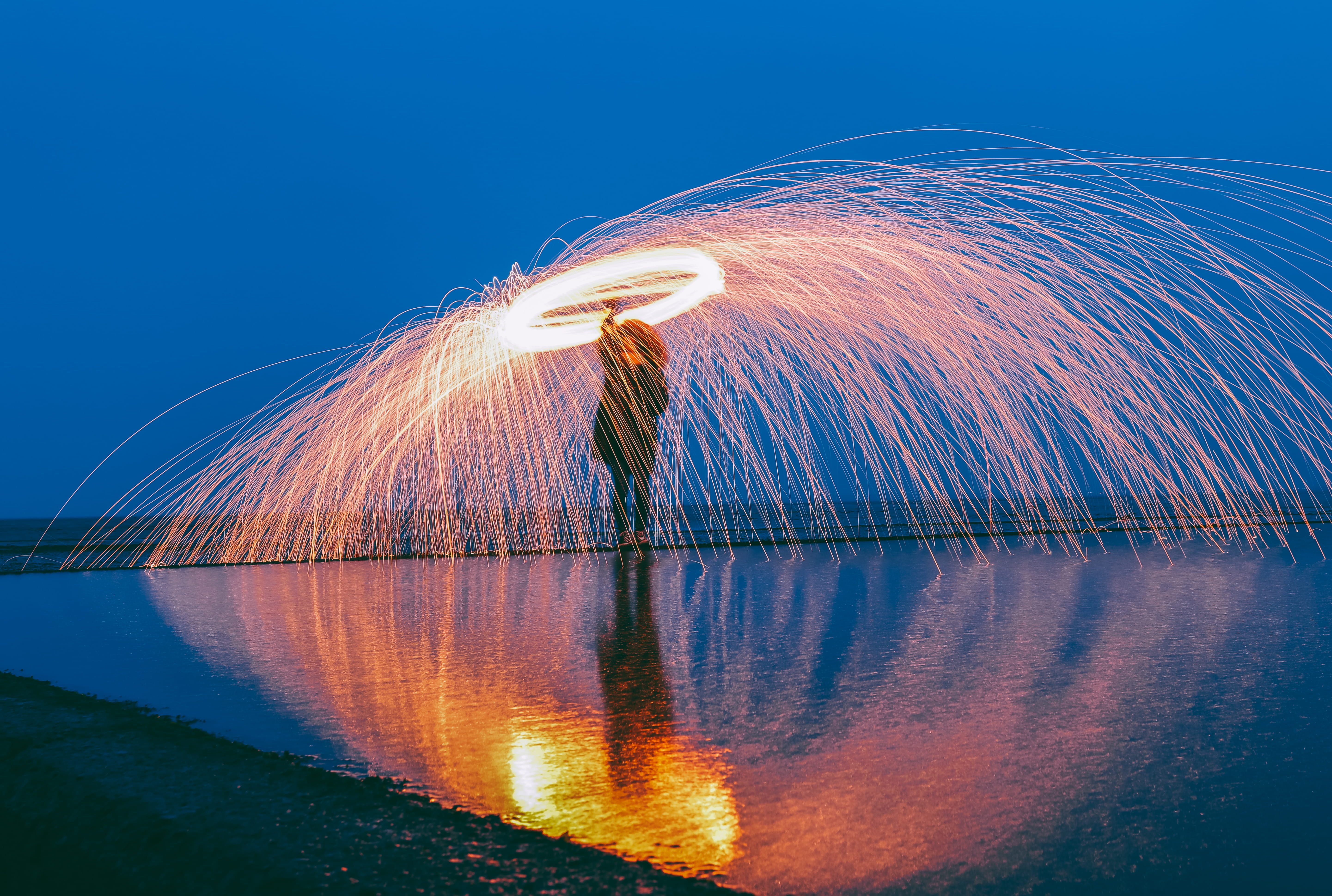 illuminated, orange, water, steel wool, dusk, glowing, built structure, lights, red, sky, reflection, bright, scenics - nature, night, southend-on-sea, HD Wallpaper