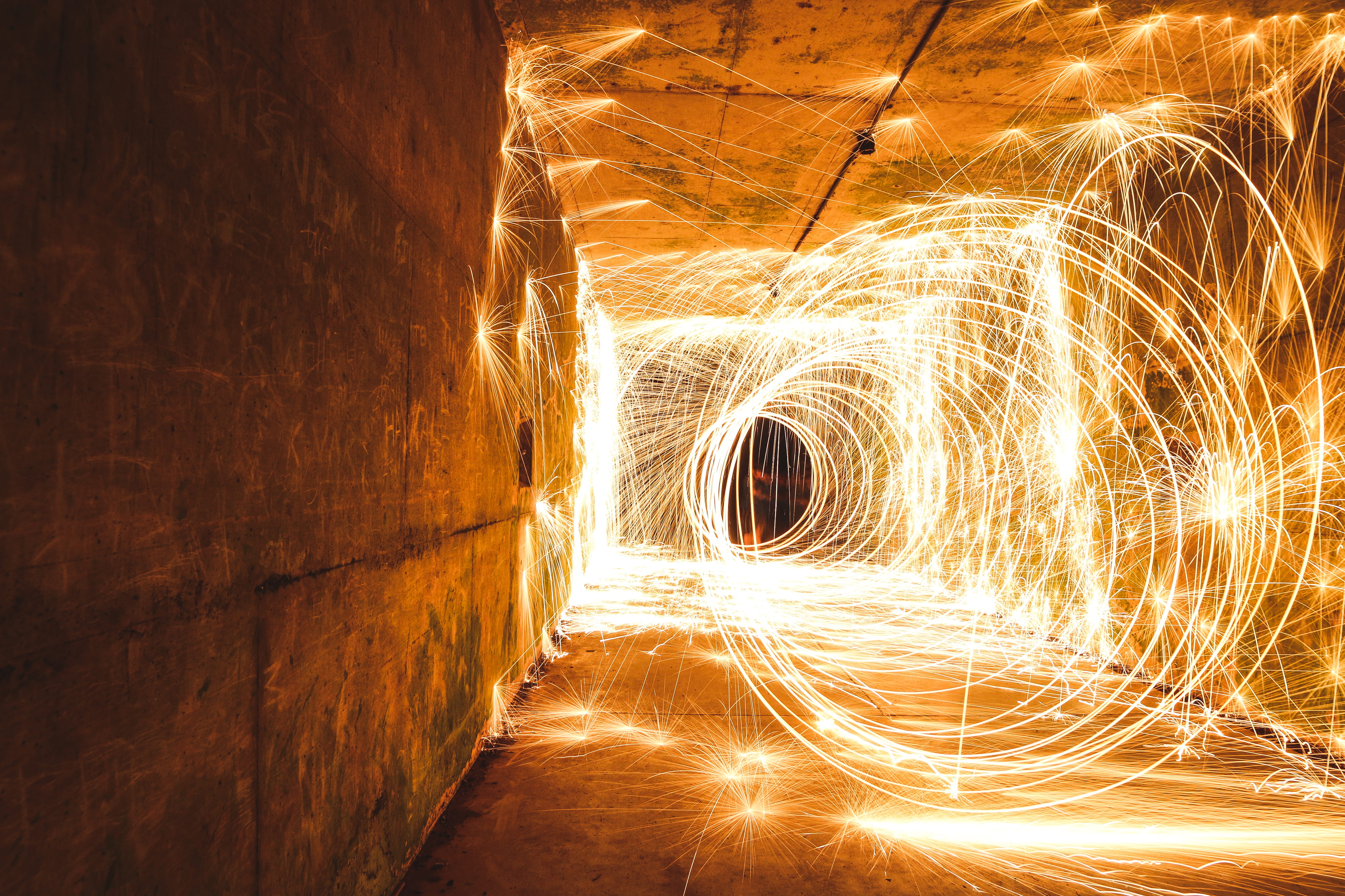 burning, blurred motion, shape, light painting, alley, spiral, light trail, dark, geometric shape, wire wool, lights, sparks, wall, motion, spinning, 5K, HD Wallpaper