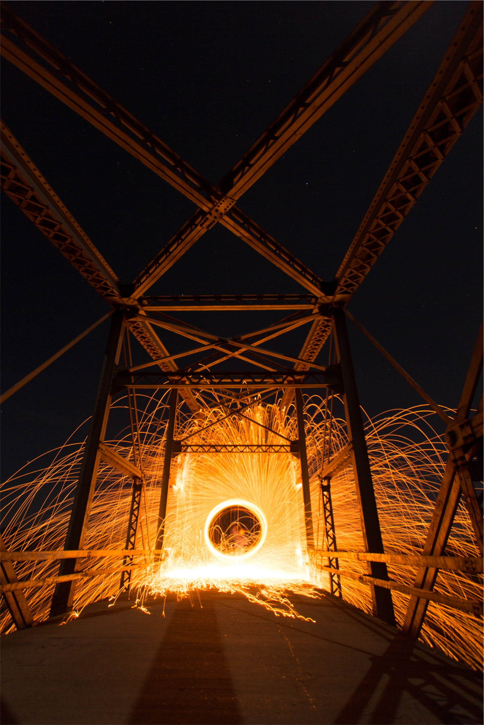 metal, long exposure, connection, bridge, frame, girder, diminishing perspective, 1080P, night, tunnel, outdoors, dark, illuminated, motion, lights, transportation, Phone HD Wallpaper