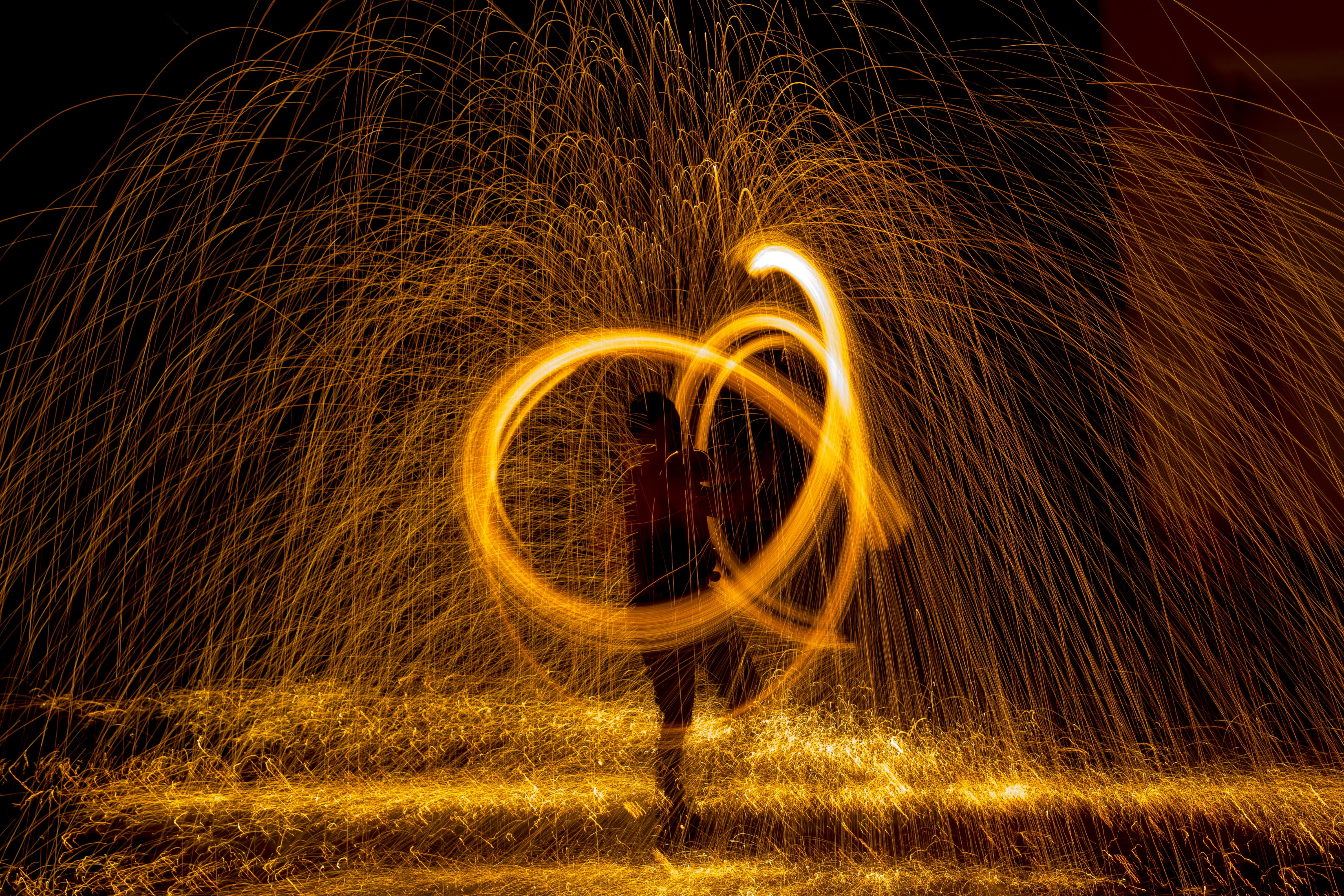 spinning, light painting, night, sign, fire - natural phenomenon, burning, glowing, shape, light, skill, radio, creativity, long exposure, fireworks, blurred motion, HD Wallpaper