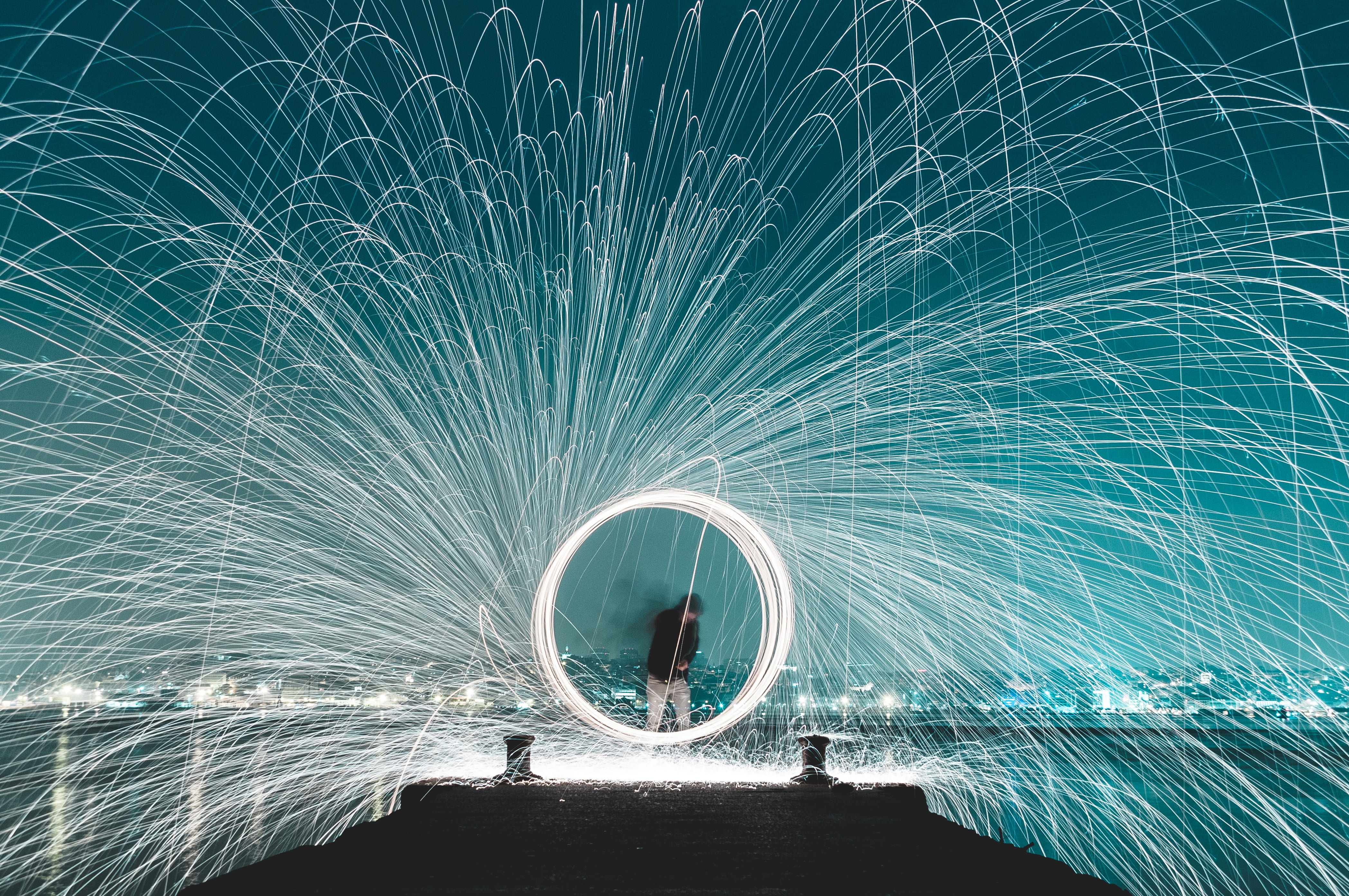 spin, portugal, sparks, blurred motion, light trail, water, light effect, speed, lsiboa, person, performer, performance, pier, outdoors, circle, one person, HD Wallpaper
