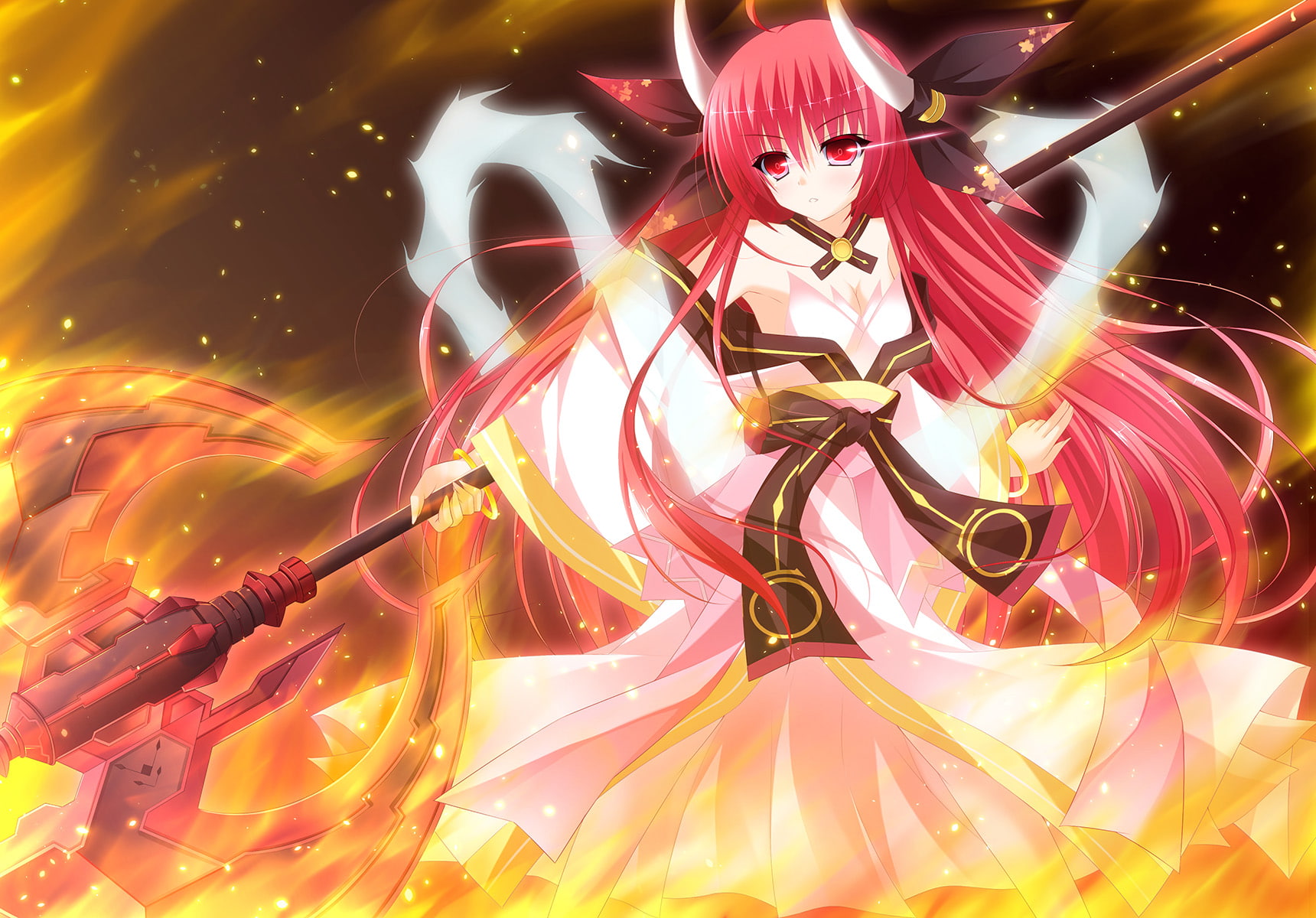 weapon, fire, clothes, horns, long, yuunagi, artifacts, amane, kimono, jpeg, japanese, red, live, eyes, date, itsuka, 720P, kotori, hair, HD Wallpaper