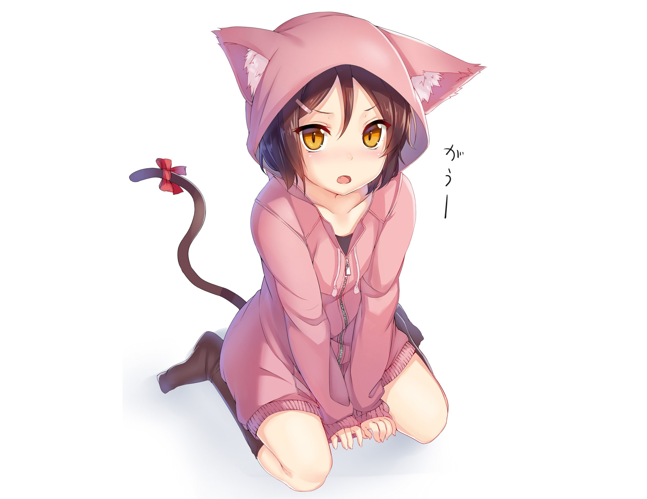 brown, short, blush, original, kneehighs, artifacts, white, 1080P, eyes, bow, yellow, catgirl, peroperoairu, jpeg, hair, fang, HD Wallpaper