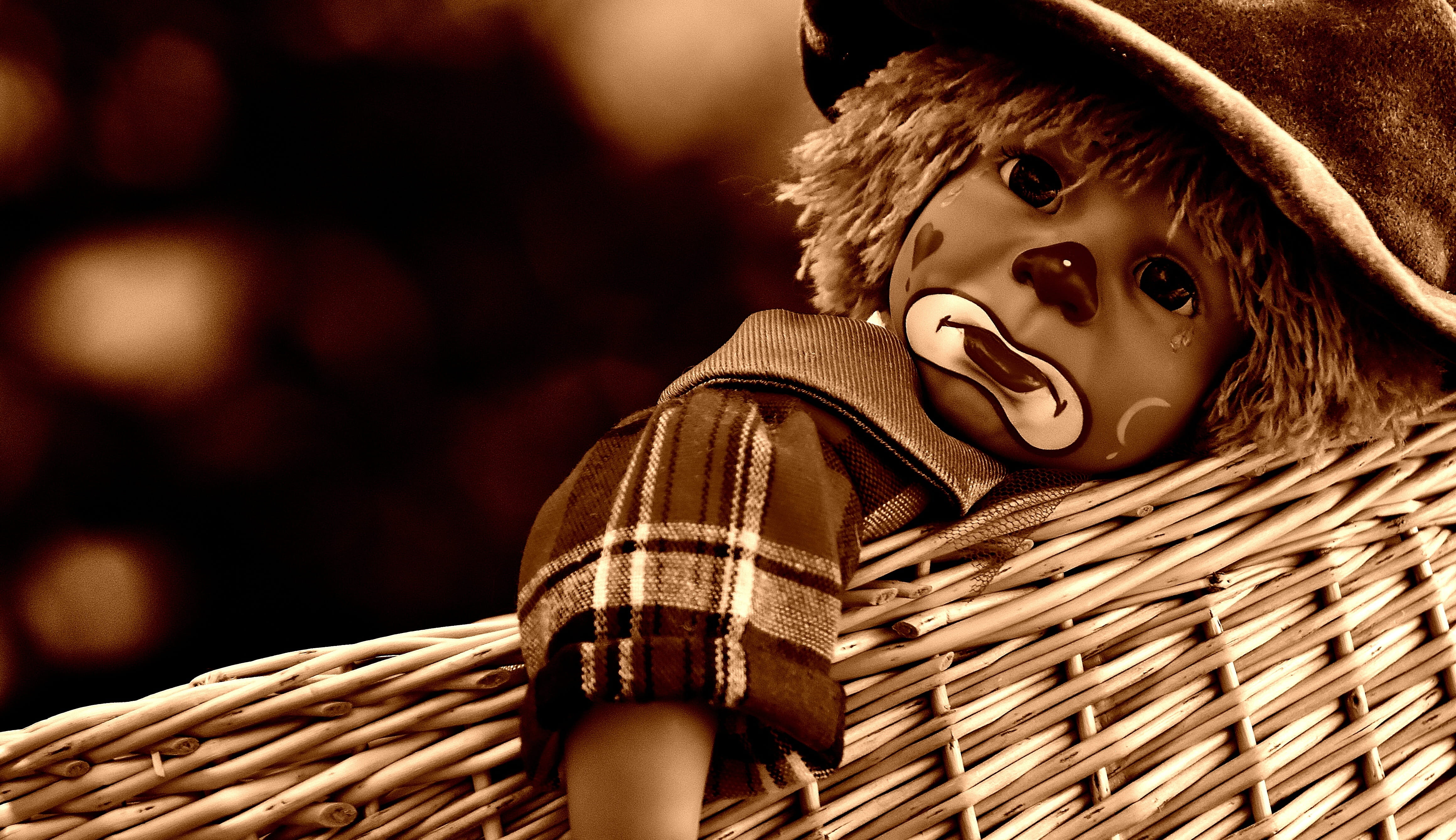 brown, sepia, music, clown, mouth open, men, sad, container, funny, basket, looking away, doll, child, looking, offspring, innocence, boys, portrait, caucasian Ethnicity, HD Wallpaper
