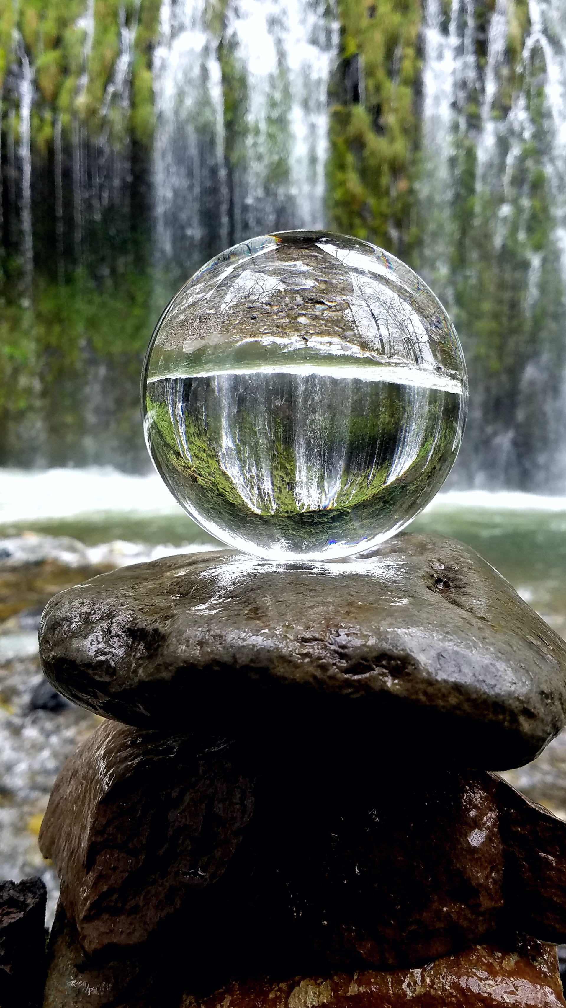 rock - object, transparent, no people, plant, rock, glass, close-up, crystalball, waterfall, beauty, 2K, bark, upsidedown, photography, forest, adventure, Phone HD Wallpaper