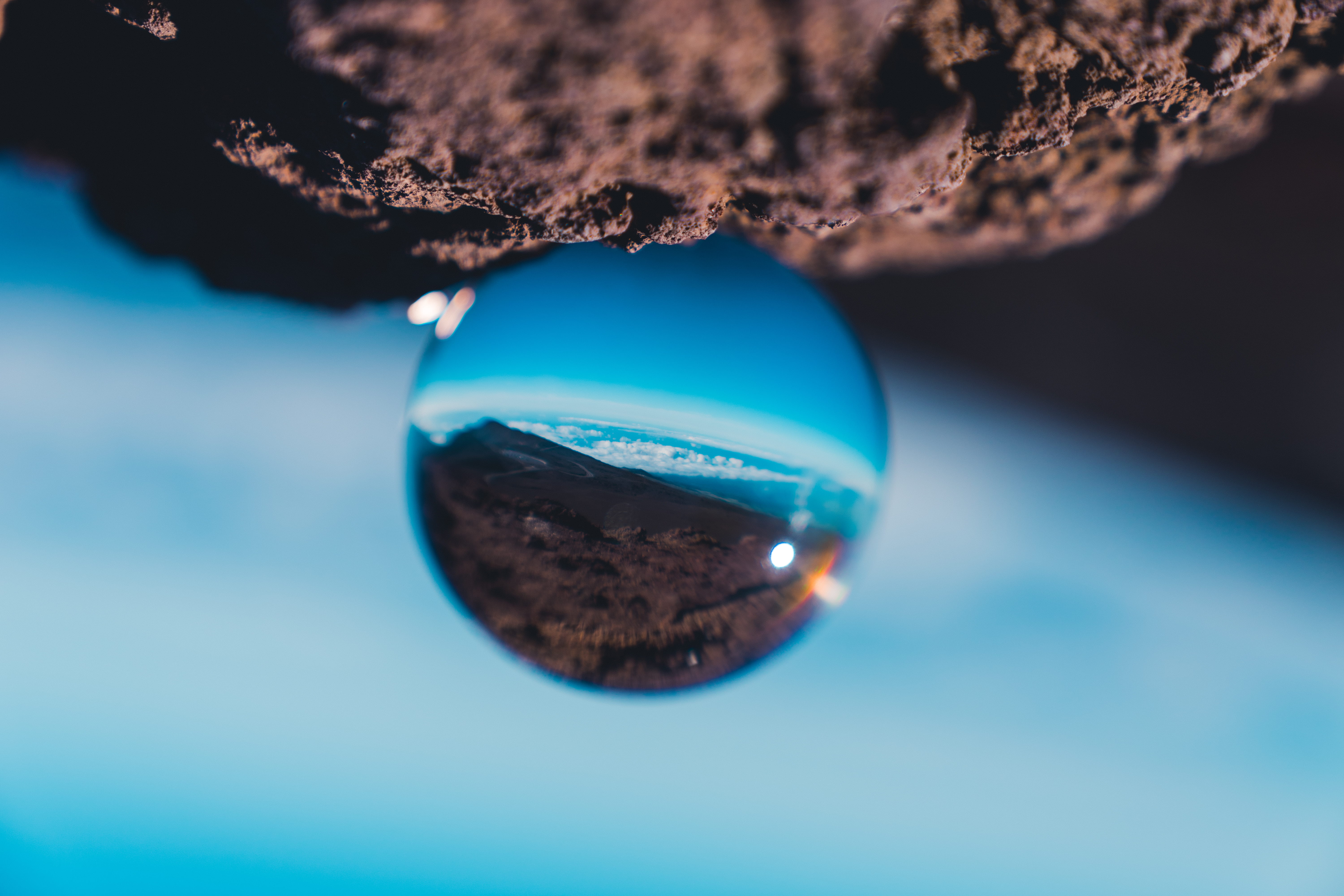 glass - material, adventure, blue, water, haleakala, single object, clouds, beauty in nature, outdoors, close-up, focus on foreground, hawaii, crystalball, HD Wallpaper