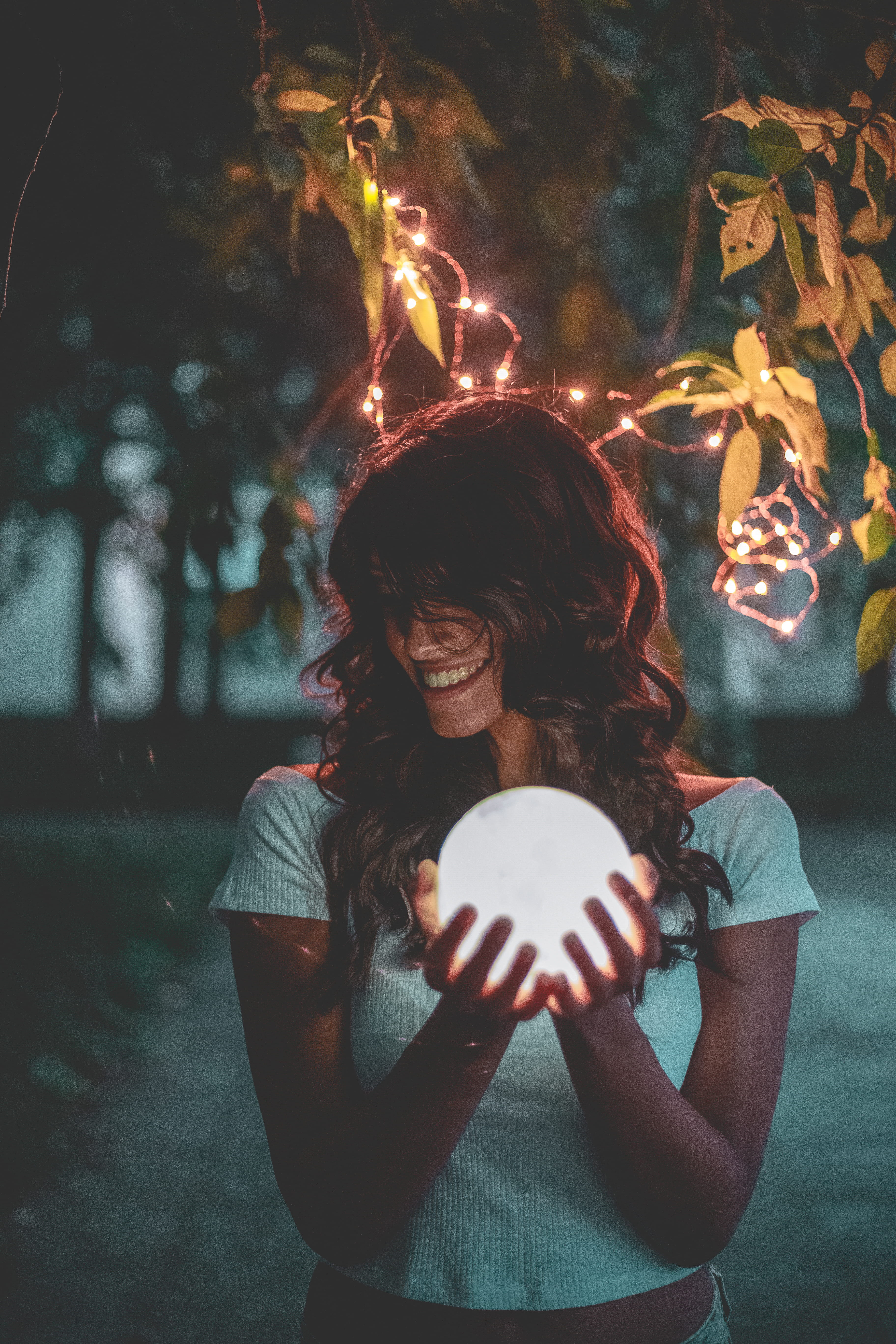 standing, one person, real people, waist up, illuminated, outdoors, adult, crystal ball, casual clothing, hairstyle, 5K, girl, young adult, beautiful woman, Phone HD Wallpaper