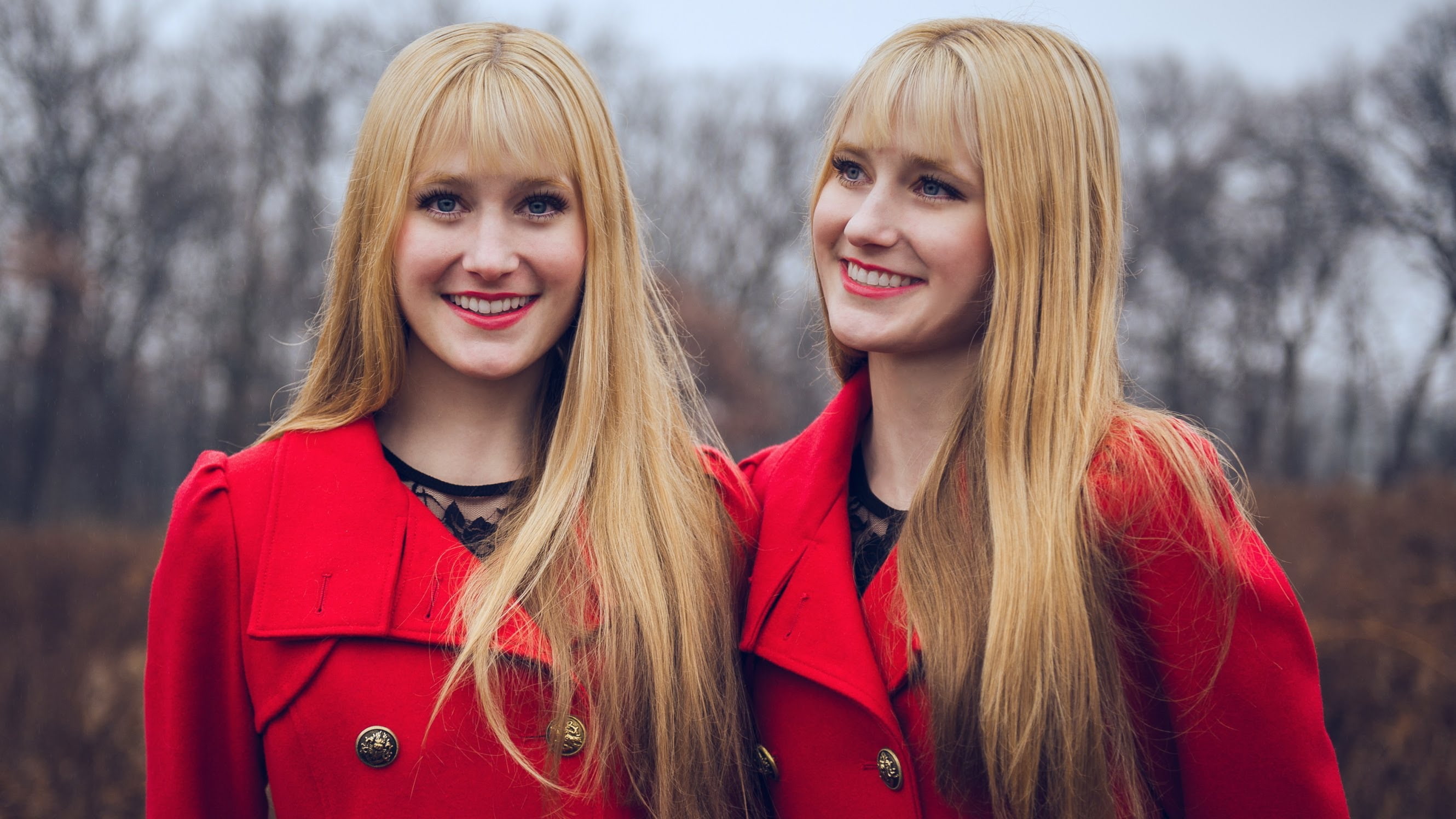 hairstyle, day, happiness, smiling, outdoors, young women, hair, looking at camera, beautiful woman, portrait, 2K, red coat, warm clothing, two people, HD Wallpaper