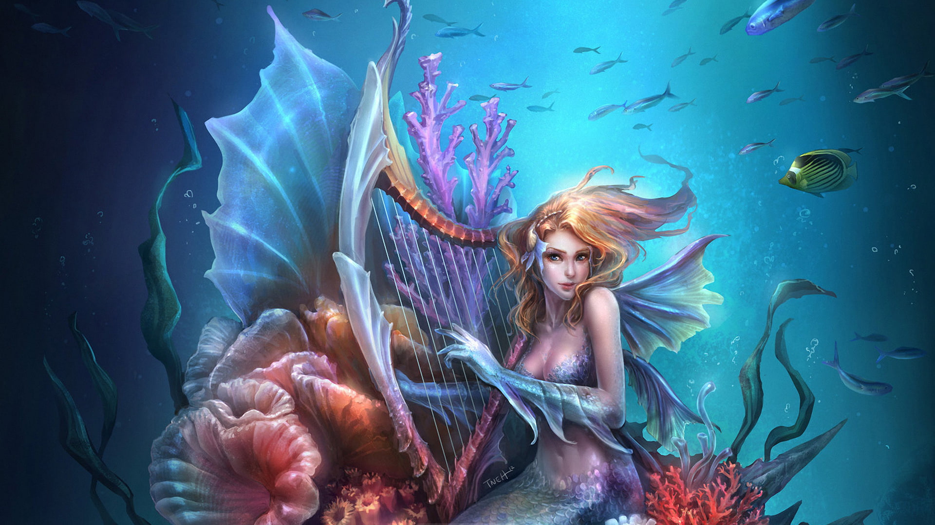 Harp, Ocean, 1080P, Fantasy, Mermaid, HD Wallpaper