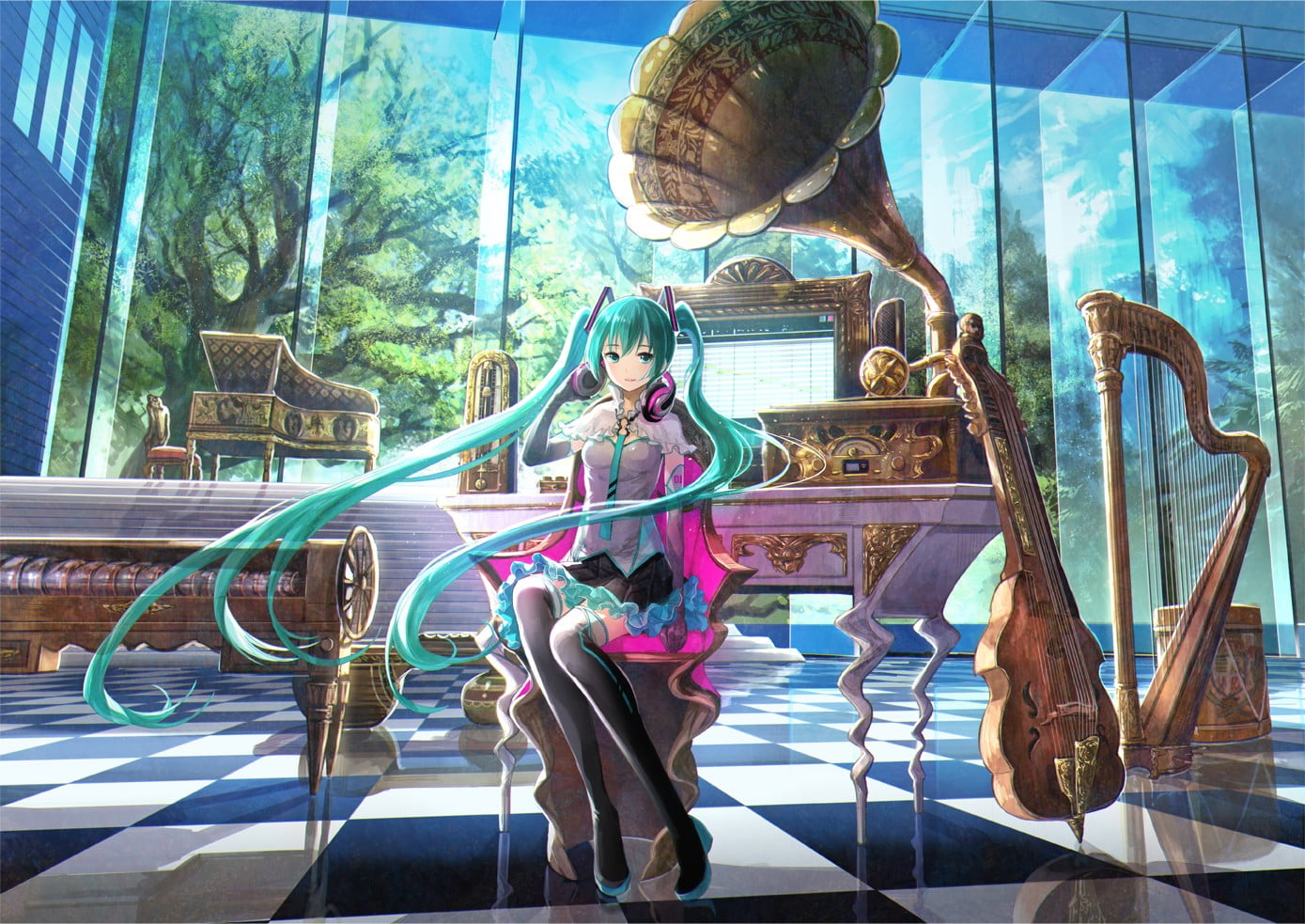 young women, music, young adult, Hatsune Miku, violin, Vocaloid, piano, harp, females, glass - material, real people, blue hair, fashion, indoors, front view, HD Wallpaper