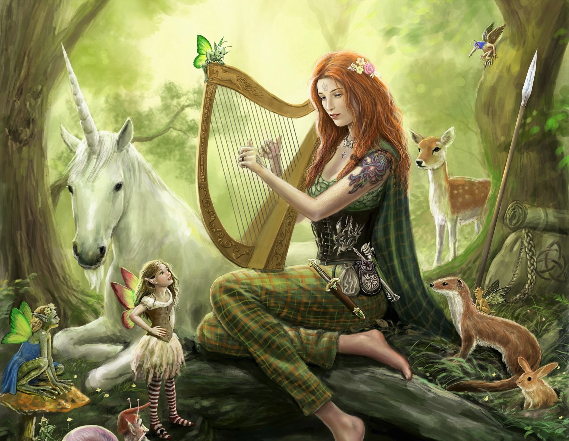 Fantasy, adult, lifestyles, Fairy, young adult, smiling, Redhead, fashion, hairstyle, 1080P, Girl, Forest, beauty, Animal, clothing, mammal, young women, HD Wallpaper