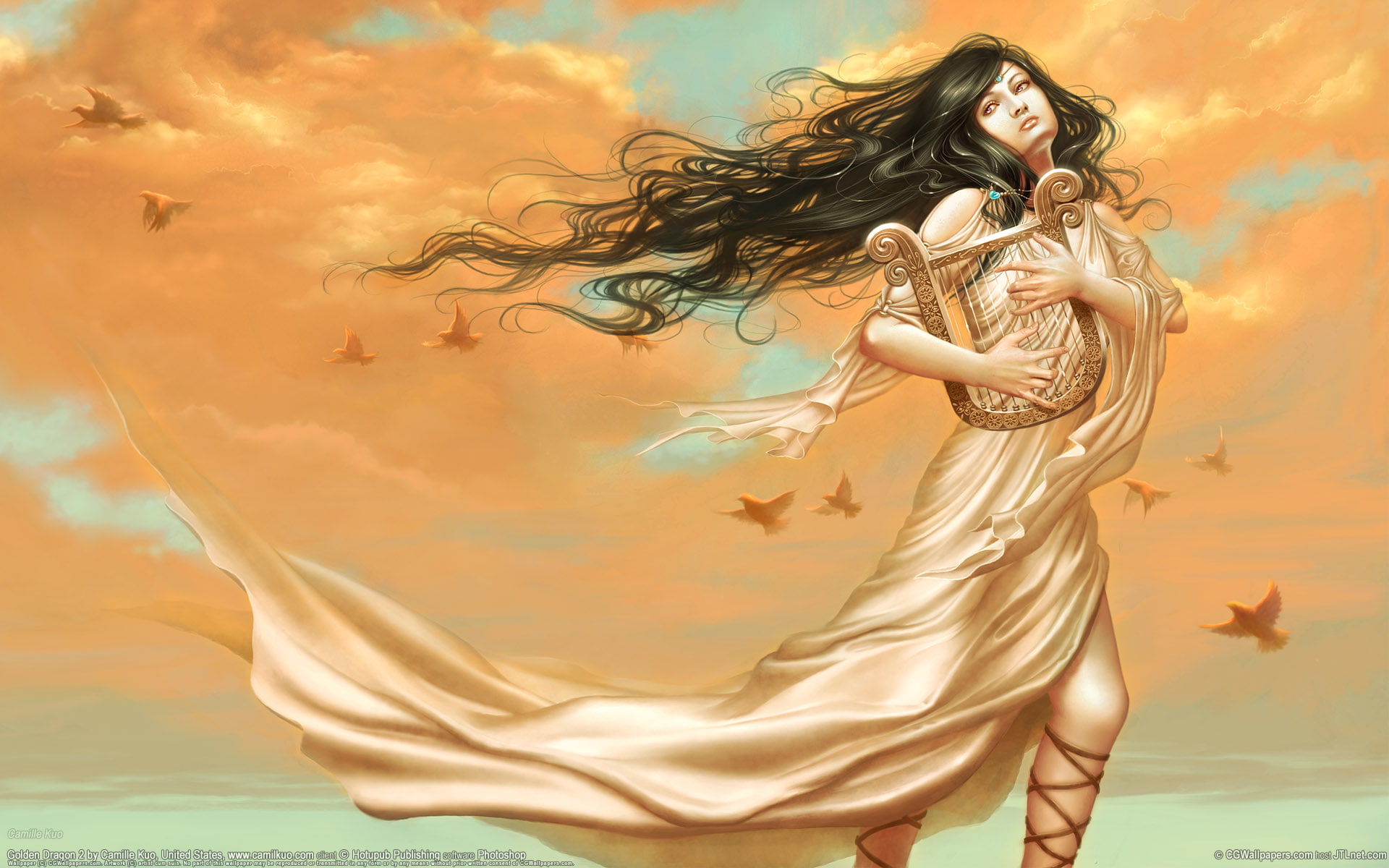 drawing, dress, 1080P, harp, brunette, fantasy, hair, hd, HD Wallpaper