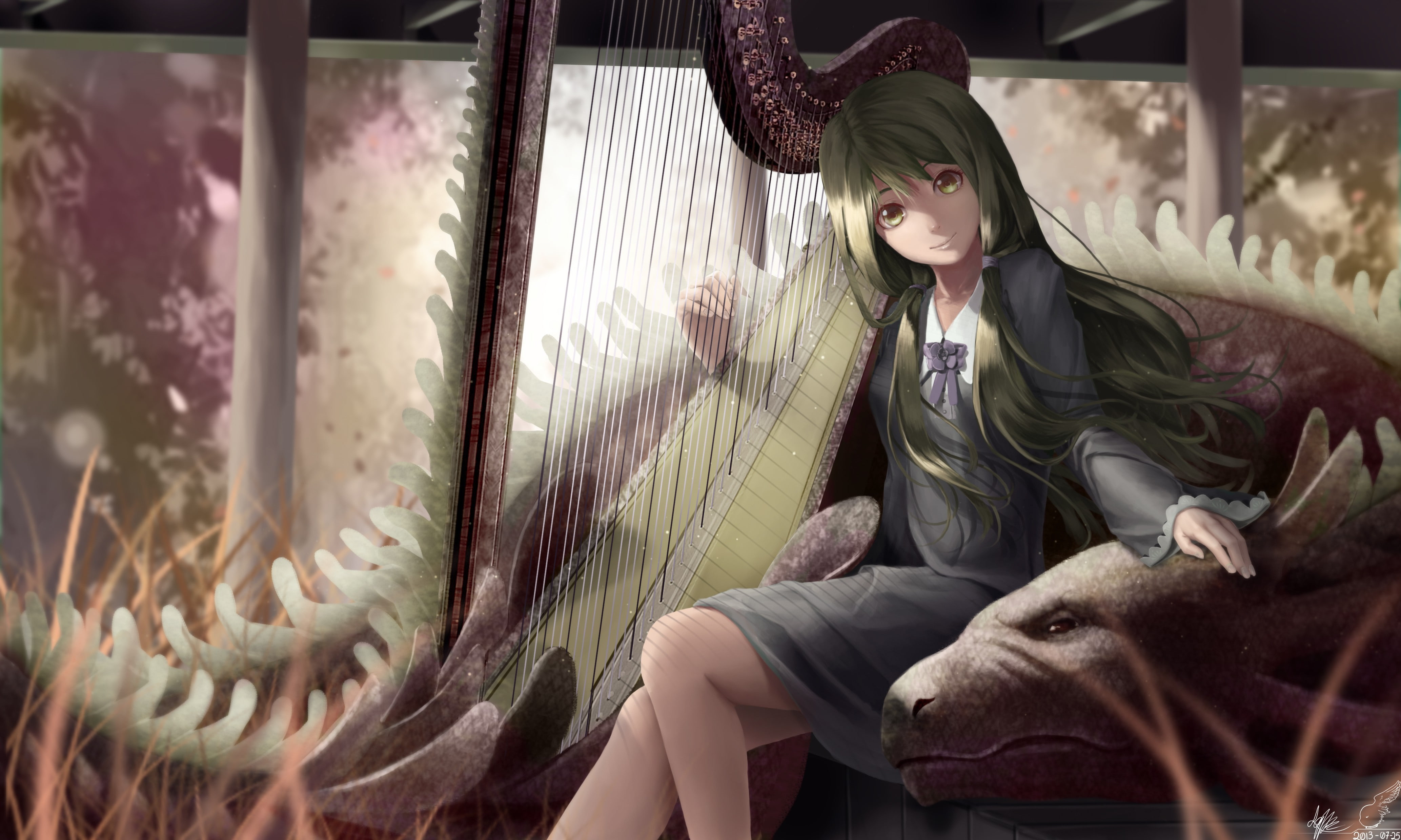 original characters, harp, anime girls, suits, musical instrument, 4K, HD Wallpaper