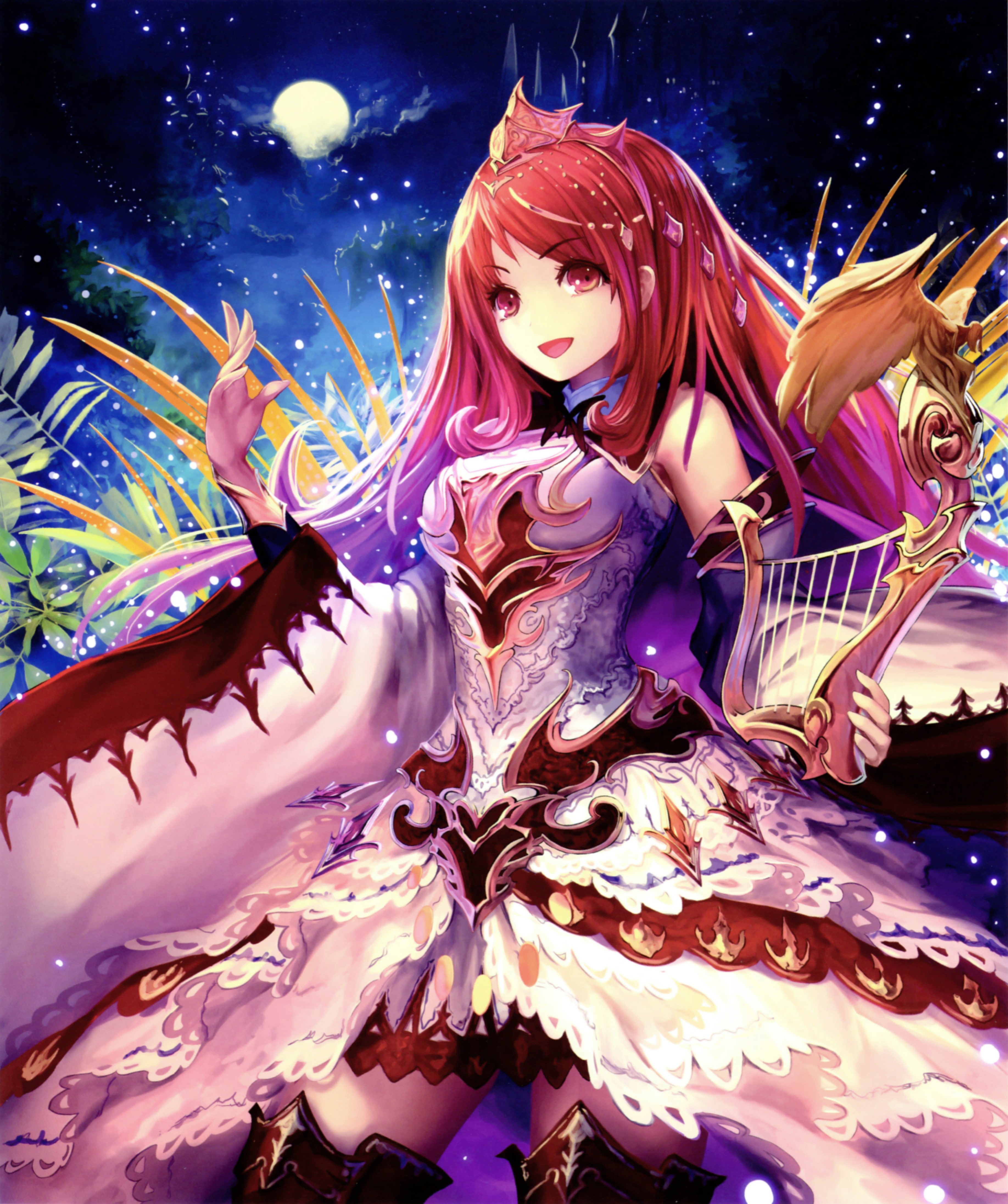 harp, stars, dress, 4K, Shingeki no Bahamut, armor, Moon, Phone HD Wallpaper