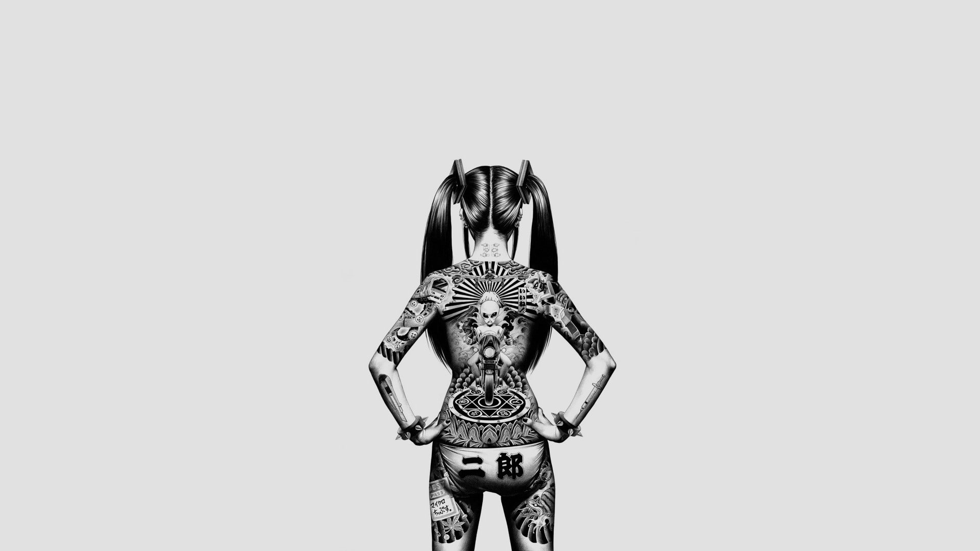 1080P, monochrome, Japan, white background, illustration, tattoo, HD Wallpaper